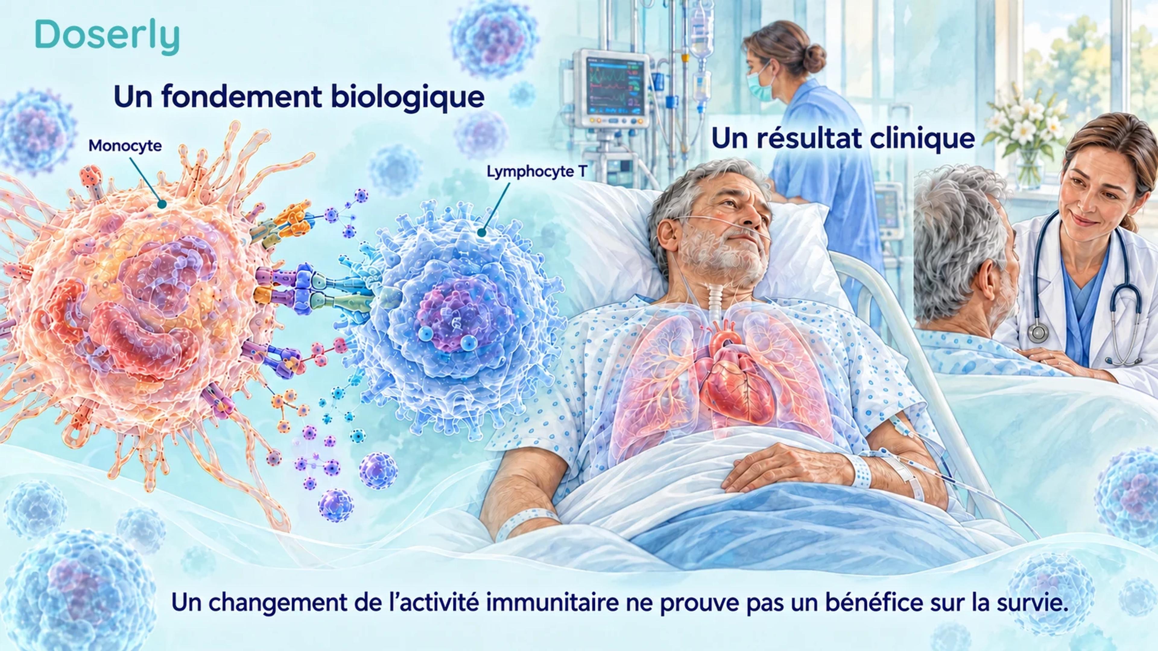 Un monocyte et un lymphocyte T illustrés à côté d’un patient aux soins intensifs et d’une scène de suivi clinique, pour distinguer l’activité immunitaire des résultats chez les patients
