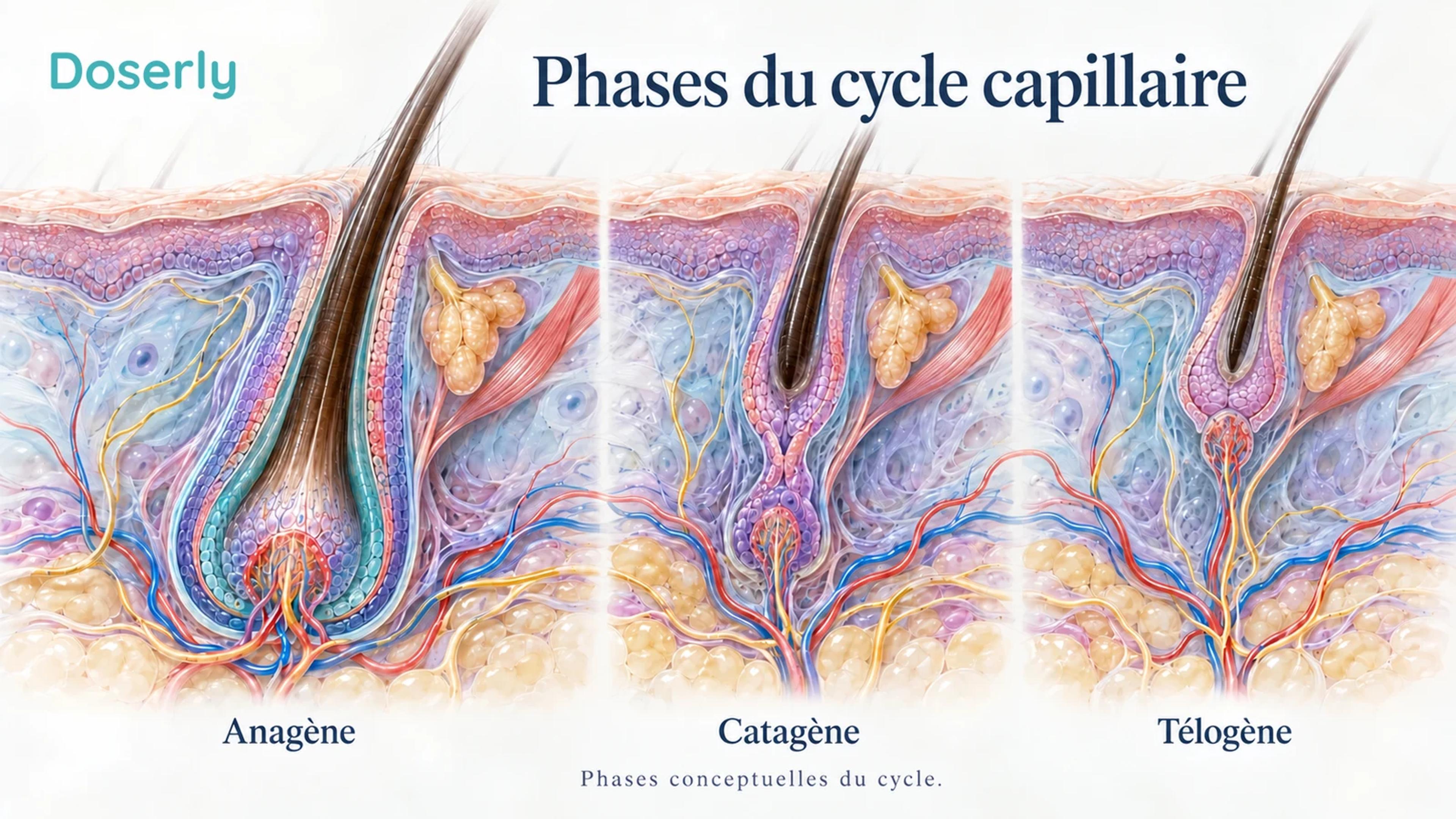 Trois coupes détaillées de follicules illustrant les phases anagène de croissance, catagène de régression et télogène de repos.
