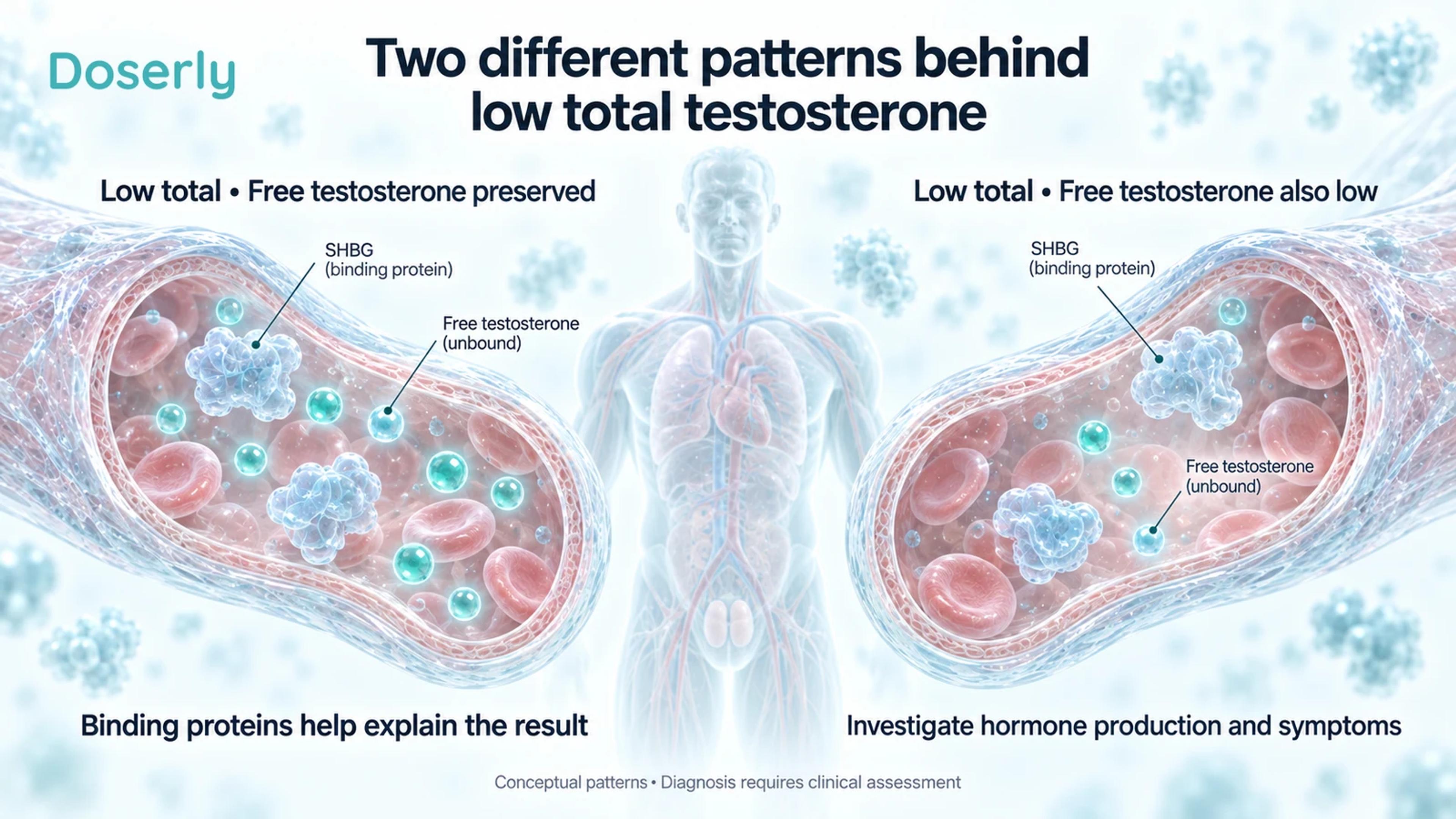Two conceptual blood-vessel scenes contrast low total testosterone with preserved free testosterone and low total with low free testosterone.