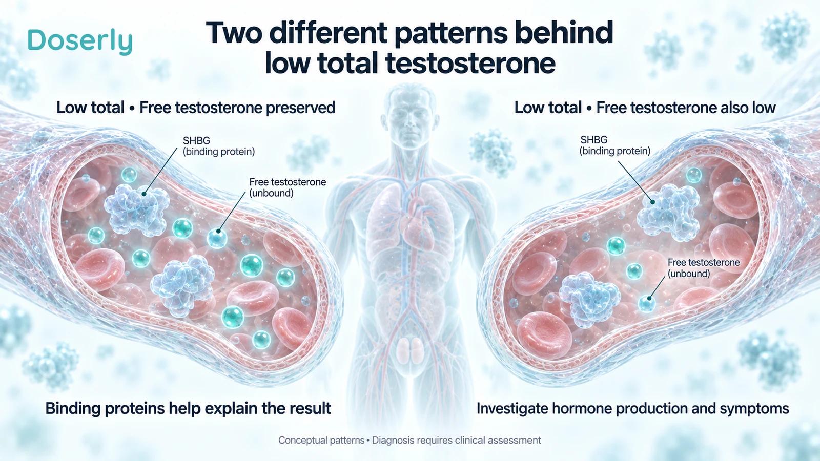 Two conceptual blood-vessel scenes contrast low total testosterone with preserved free testosterone and low total with low free testosterone.