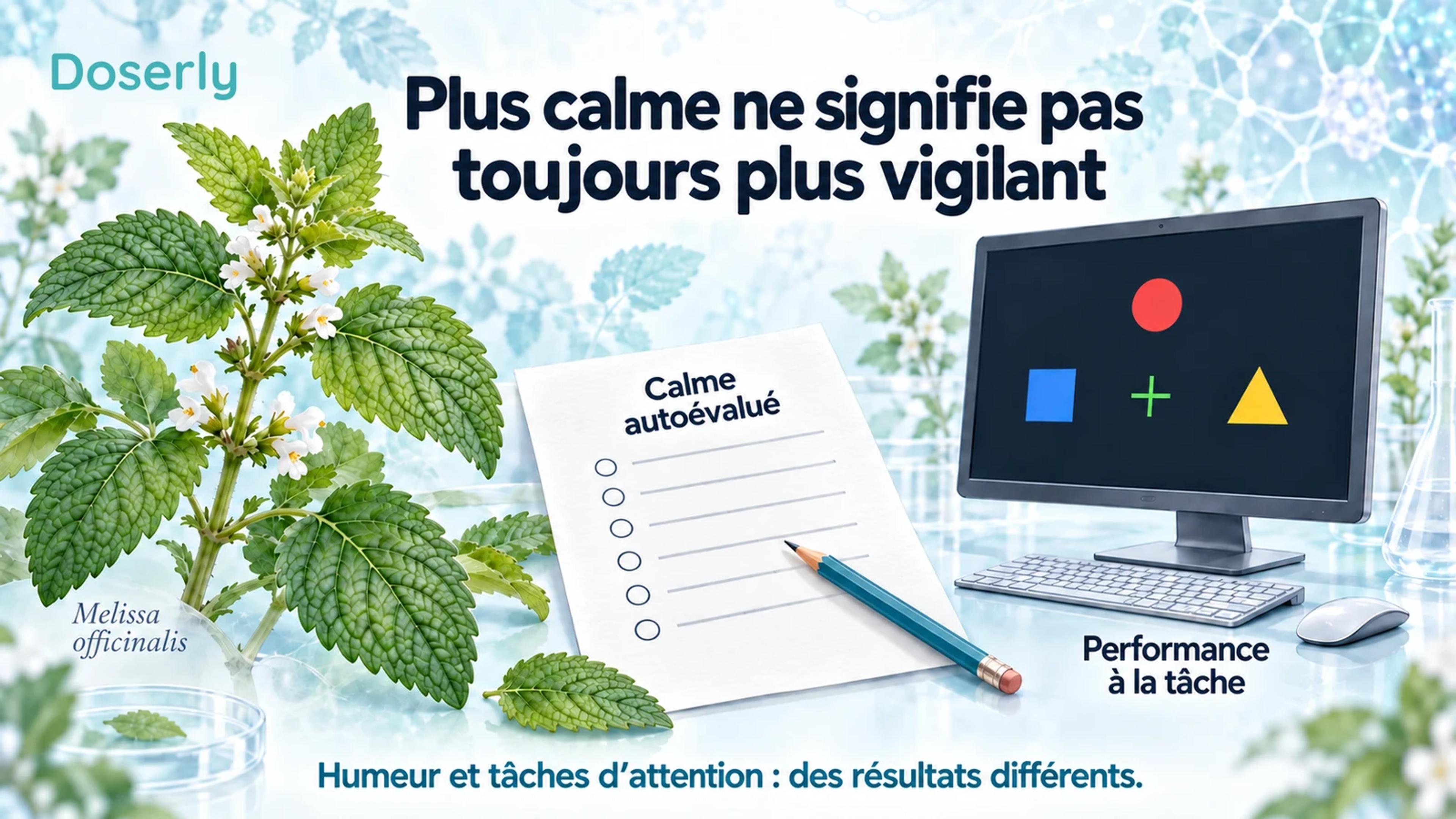 Une illustration botanique de la mélisse, un questionnaire d’autoévaluation et une tâche d’attention montrent des mesures distinctes de l’humeur et de la performance.