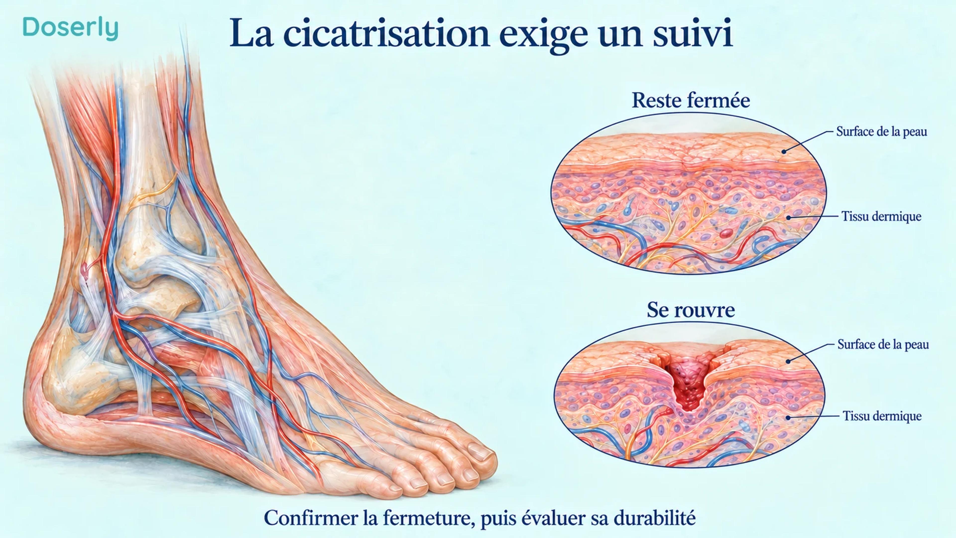 Une illustration anatomique de la cheville accompagne des agrandissements de la peau montrant une fermeture durable et une réouverture.