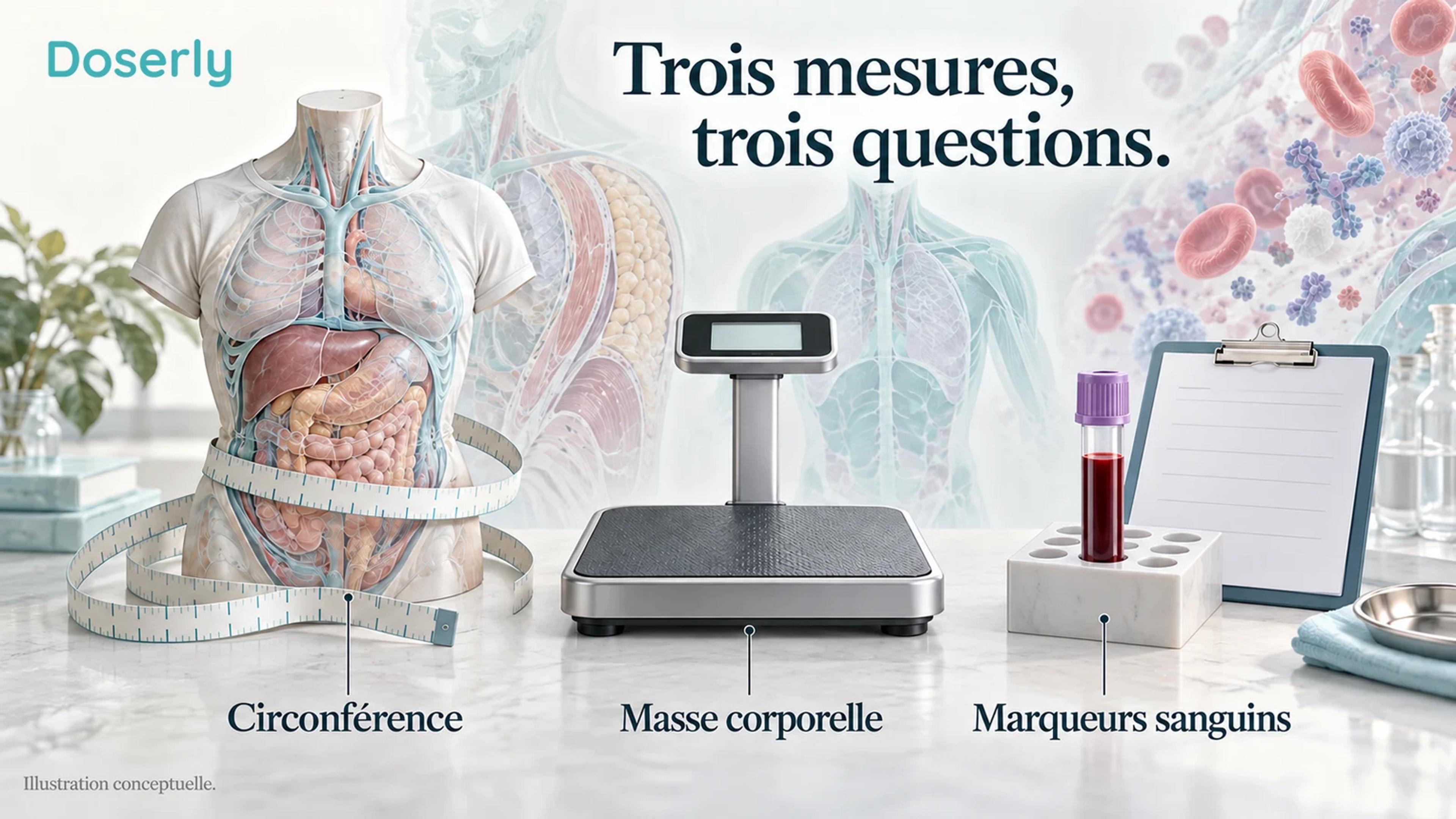 Des outils de mesure conceptuels distinguent la circonférence, la masse corporelle et les mesures de santé en laboratoire.