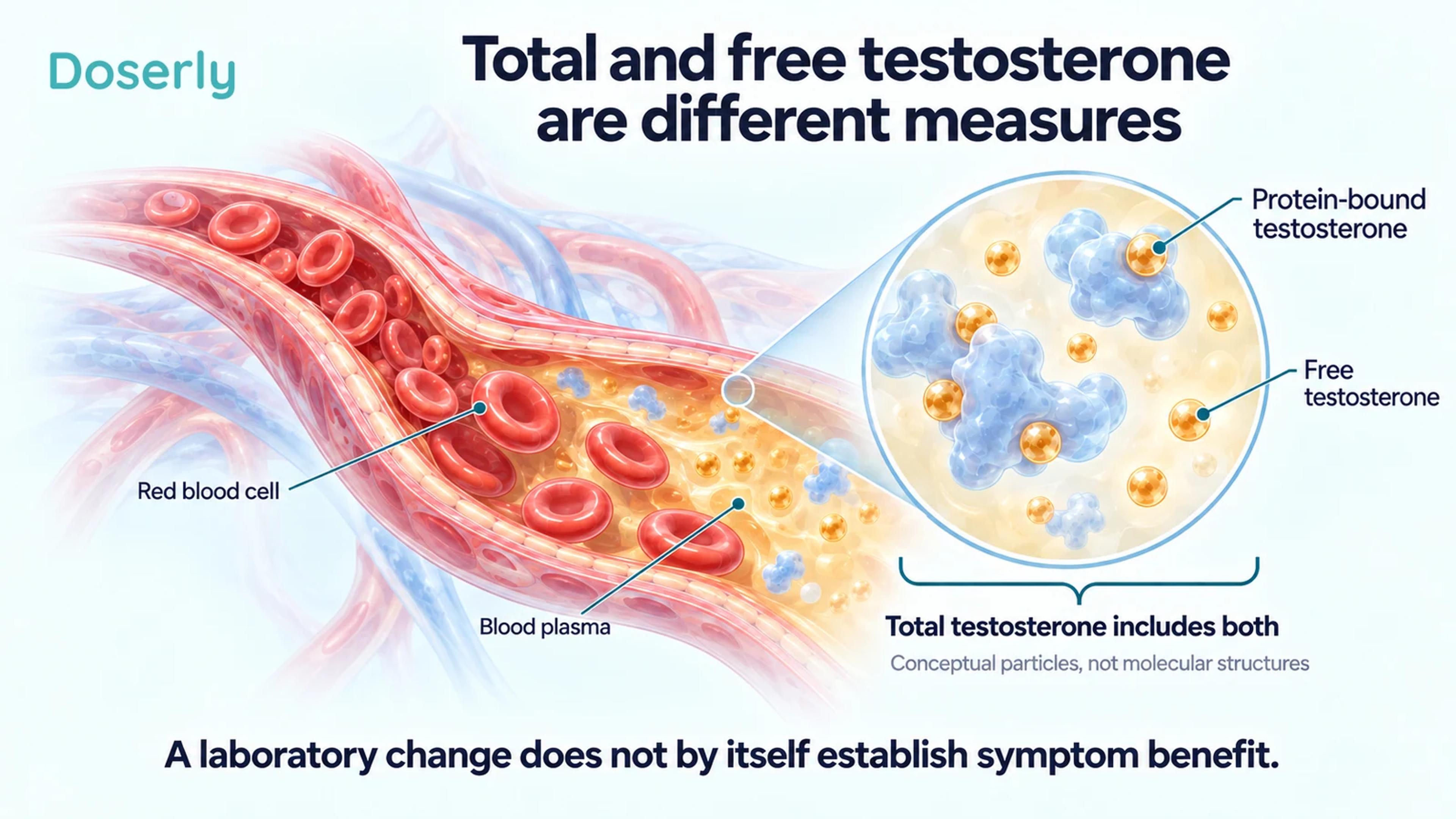 A blood-vessel cutaway and enlarged plasma view distinguish protein-bound testosterone from free testosterone.