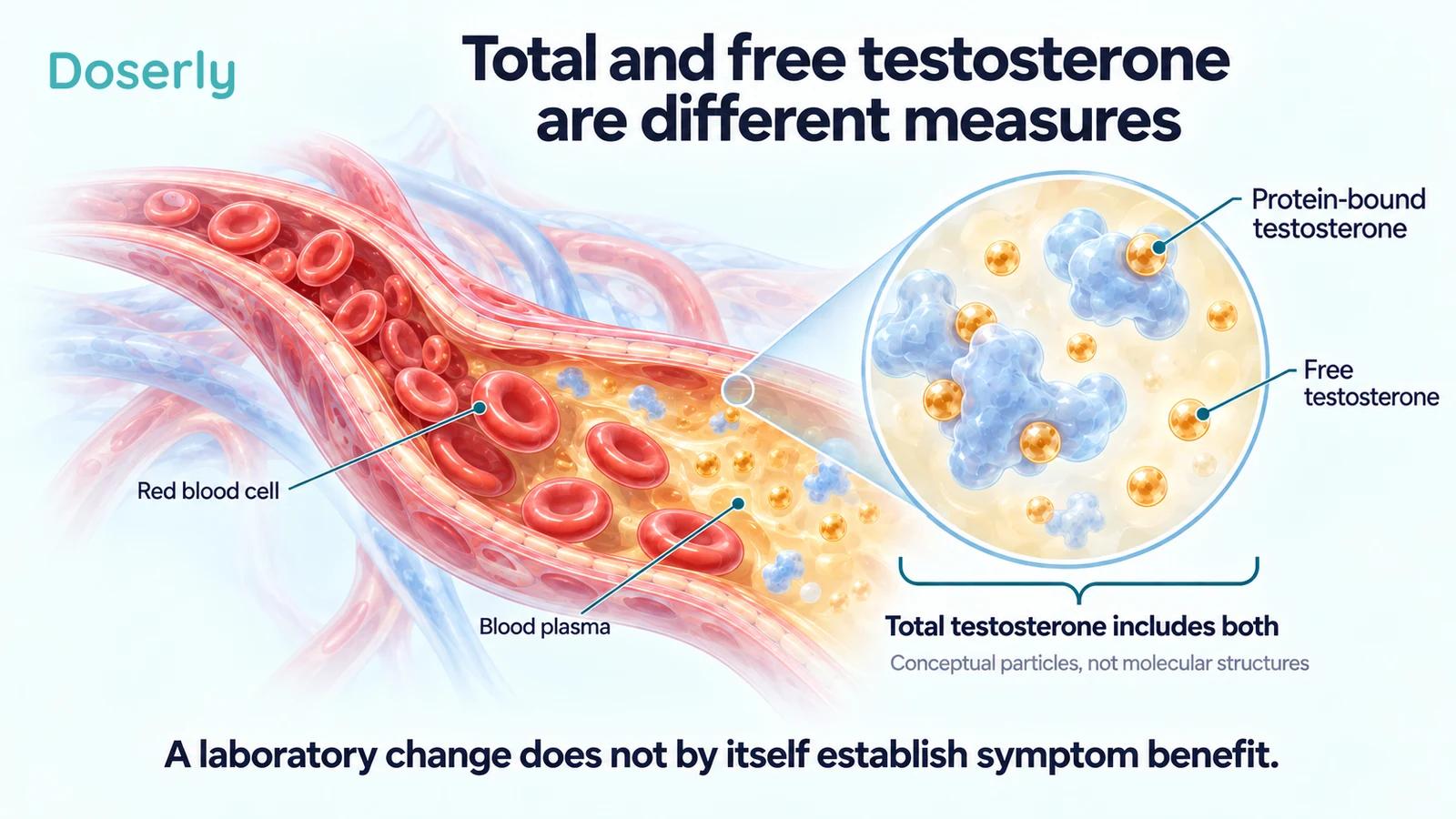 A blood-vessel cutaway and enlarged plasma view distinguish protein-bound testosterone from free testosterone.