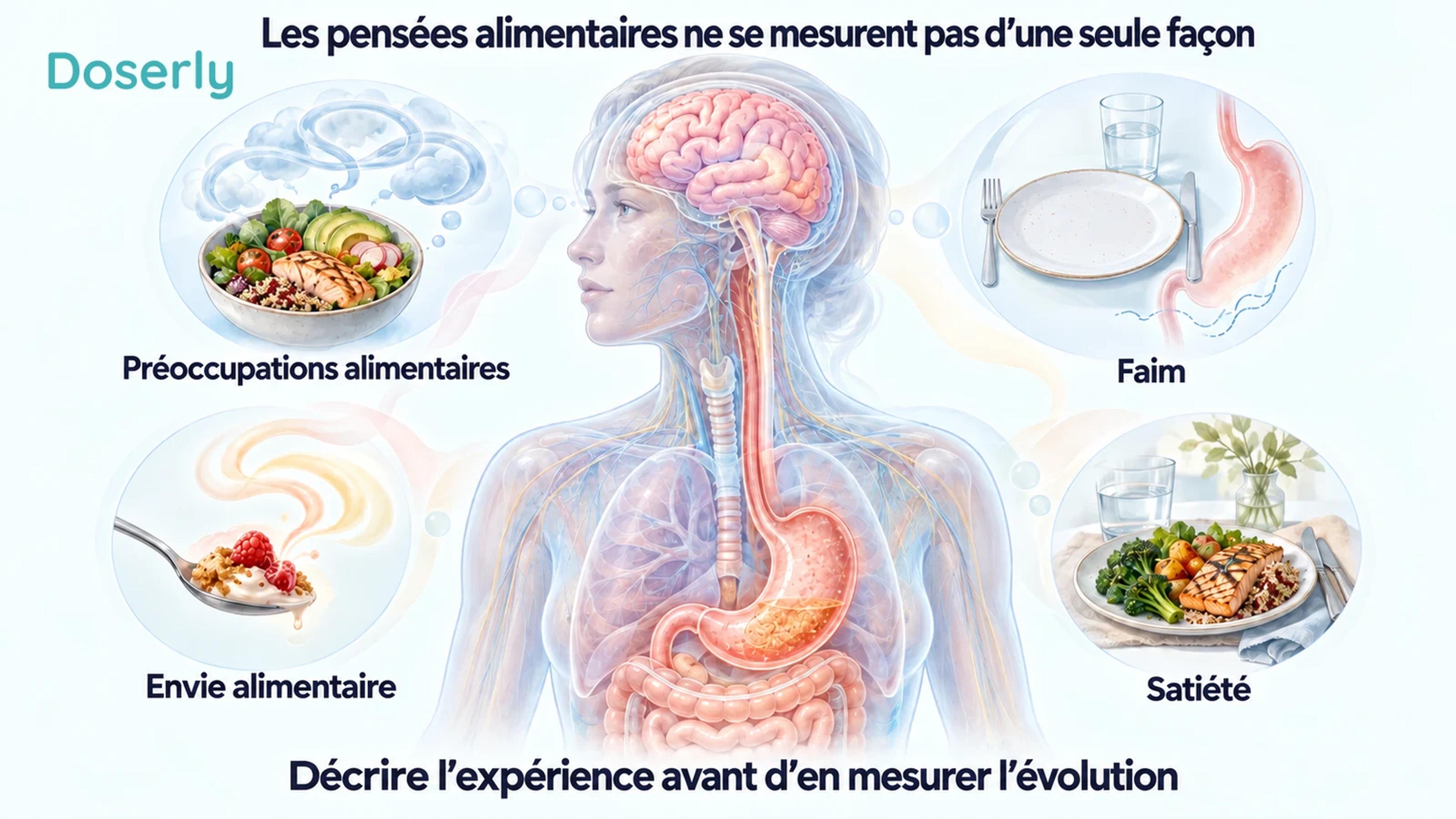 Les préoccupations alimentaires, la faim, les envies alimentaires et la satiété entourent une illustration anatomique détaillée