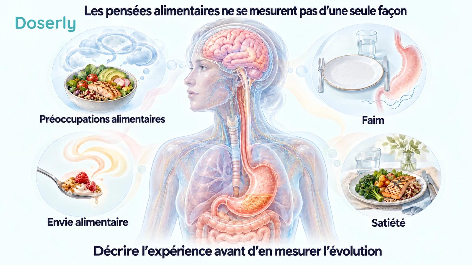 Les préoccupations alimentaires, la faim, les envies alimentaires et la satiété entourent une illustration anatomique détaillée