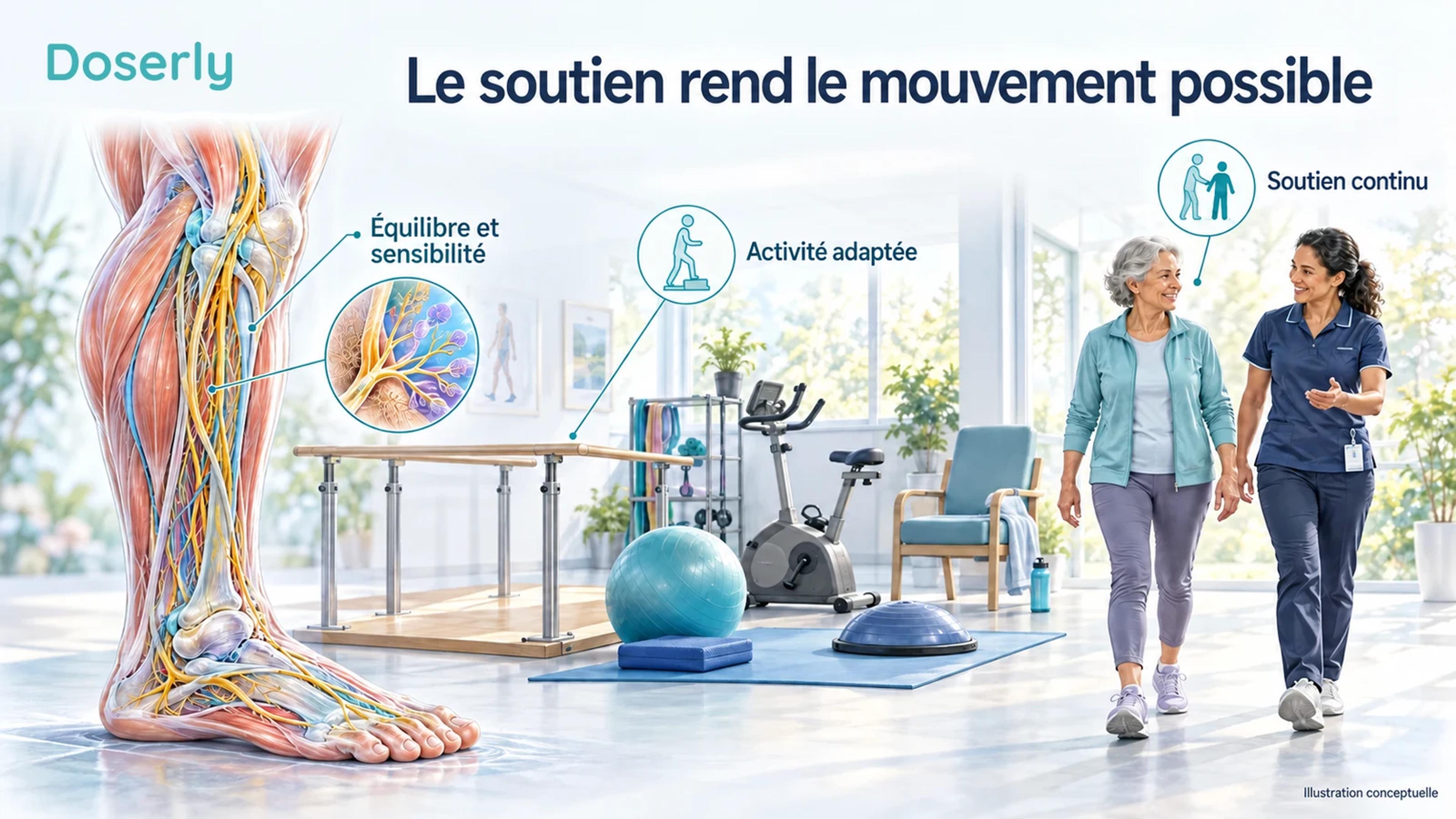 Anatomie des nerfs du membre inférieur, à côté d’un espace de réadaptation adapté et d’un patient marchant avec un soutien professionnel.