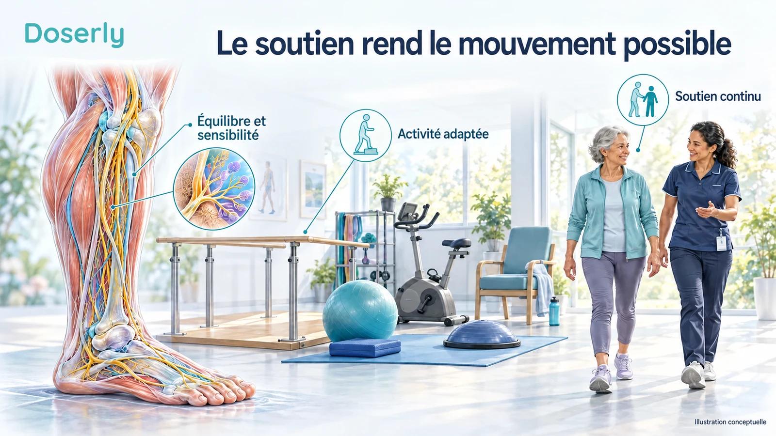 Anatomie des nerfs du membre inférieur, à côté d’un espace de réadaptation adapté et d’un patient marchant avec un soutien professionnel.