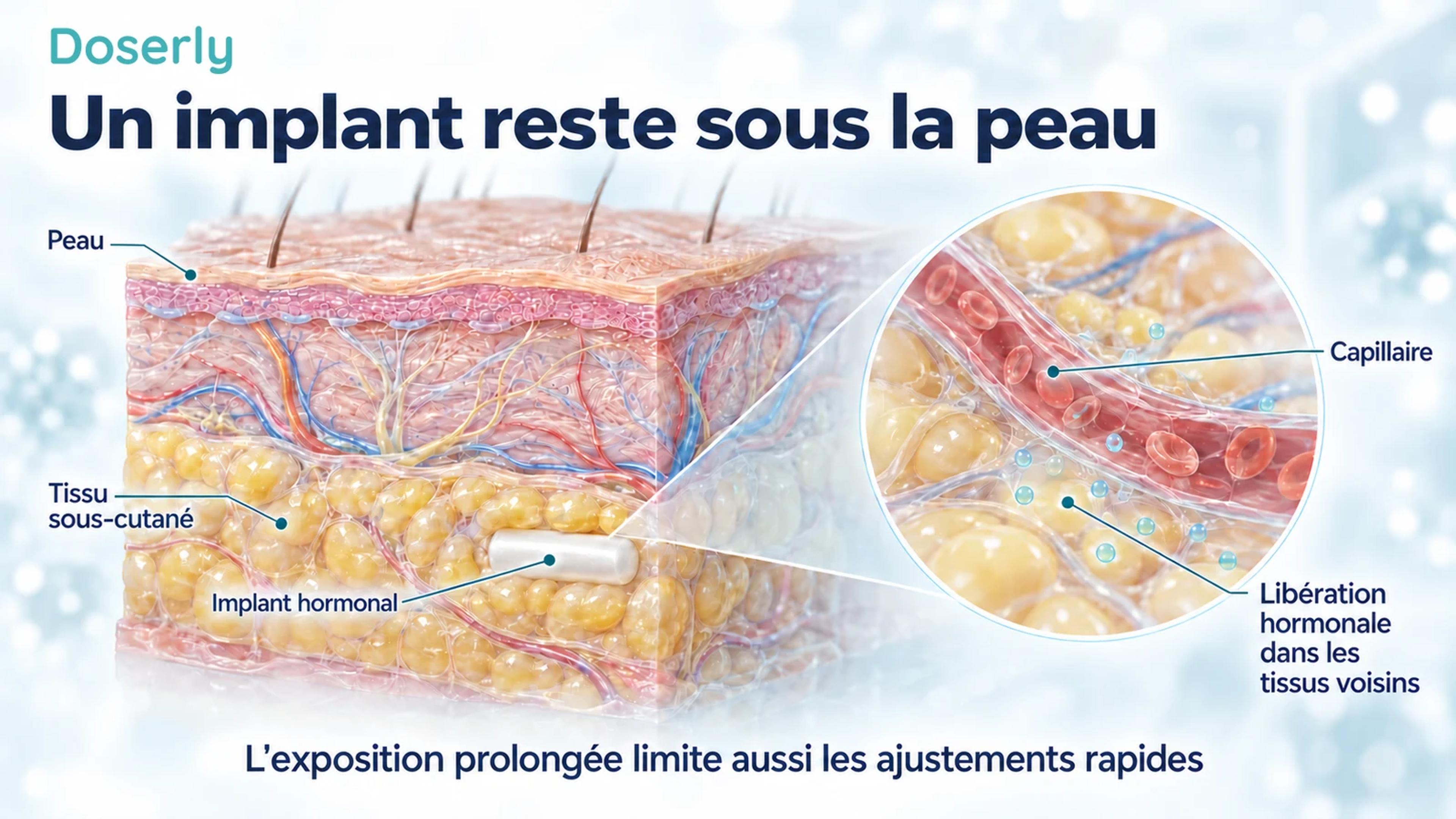 Coupe détaillée de la peau montrant un implant hormonal dans le tissu sous-cutané et des capillaires à proximité.