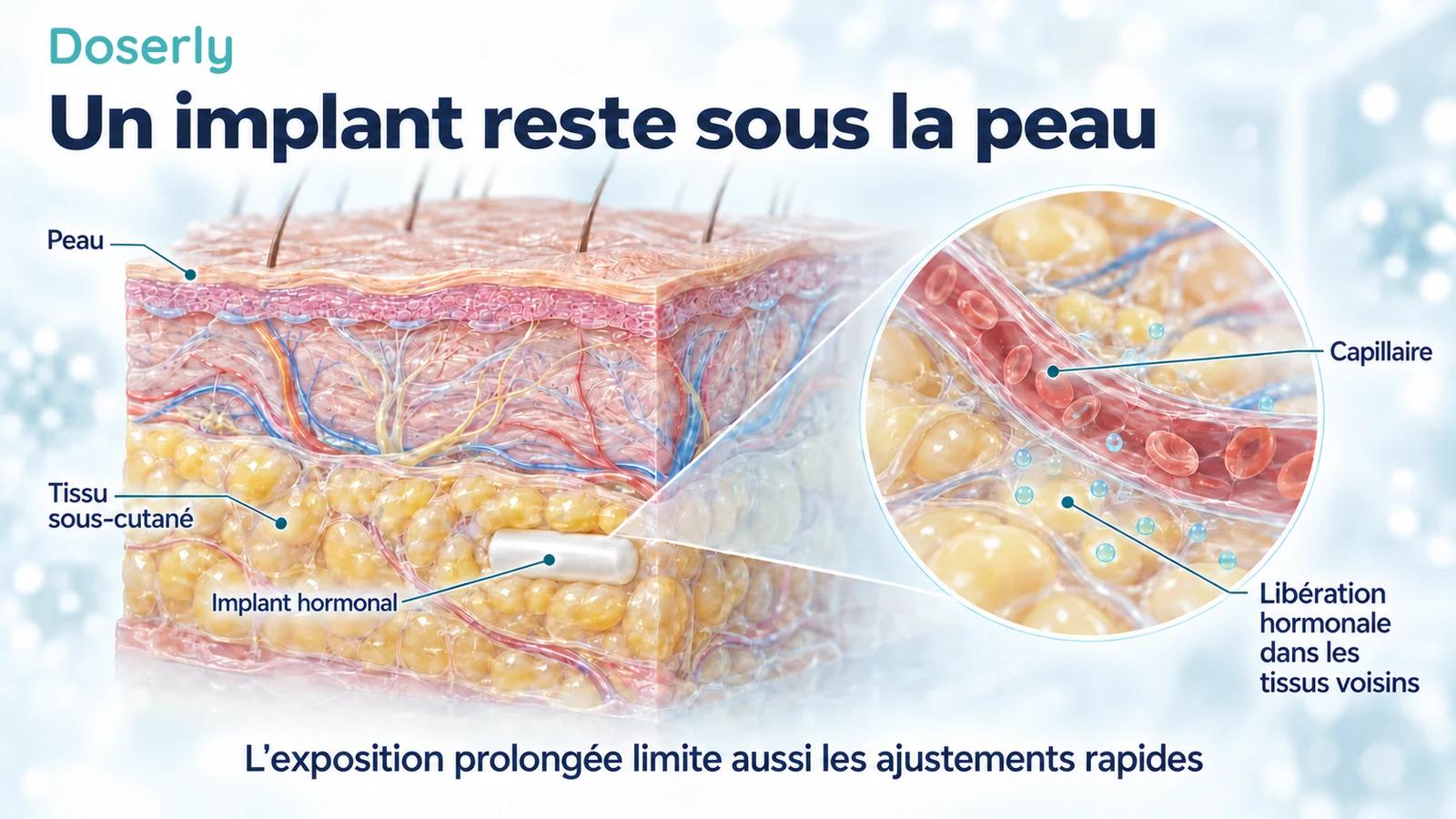 Coupe détaillée de la peau montrant un implant hormonal dans le tissu sous-cutané et des capillaires à proximité.