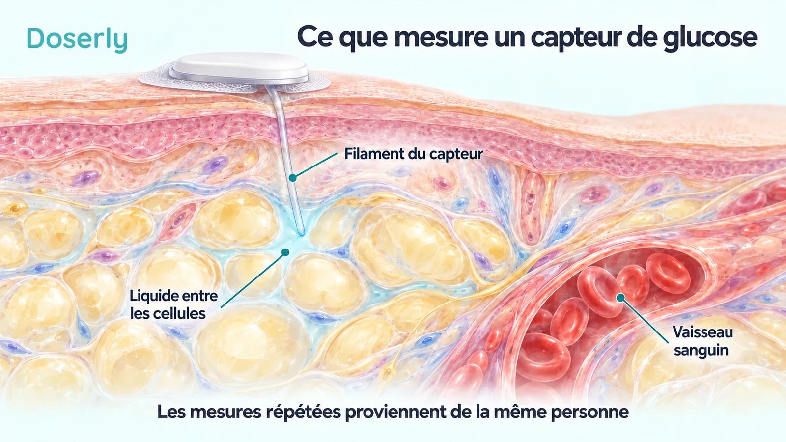 Coupe transversale de la peau montrant le filament d’un capteur de glucose dans le liquide entre les cellules et un vaisseau sanguin distinct