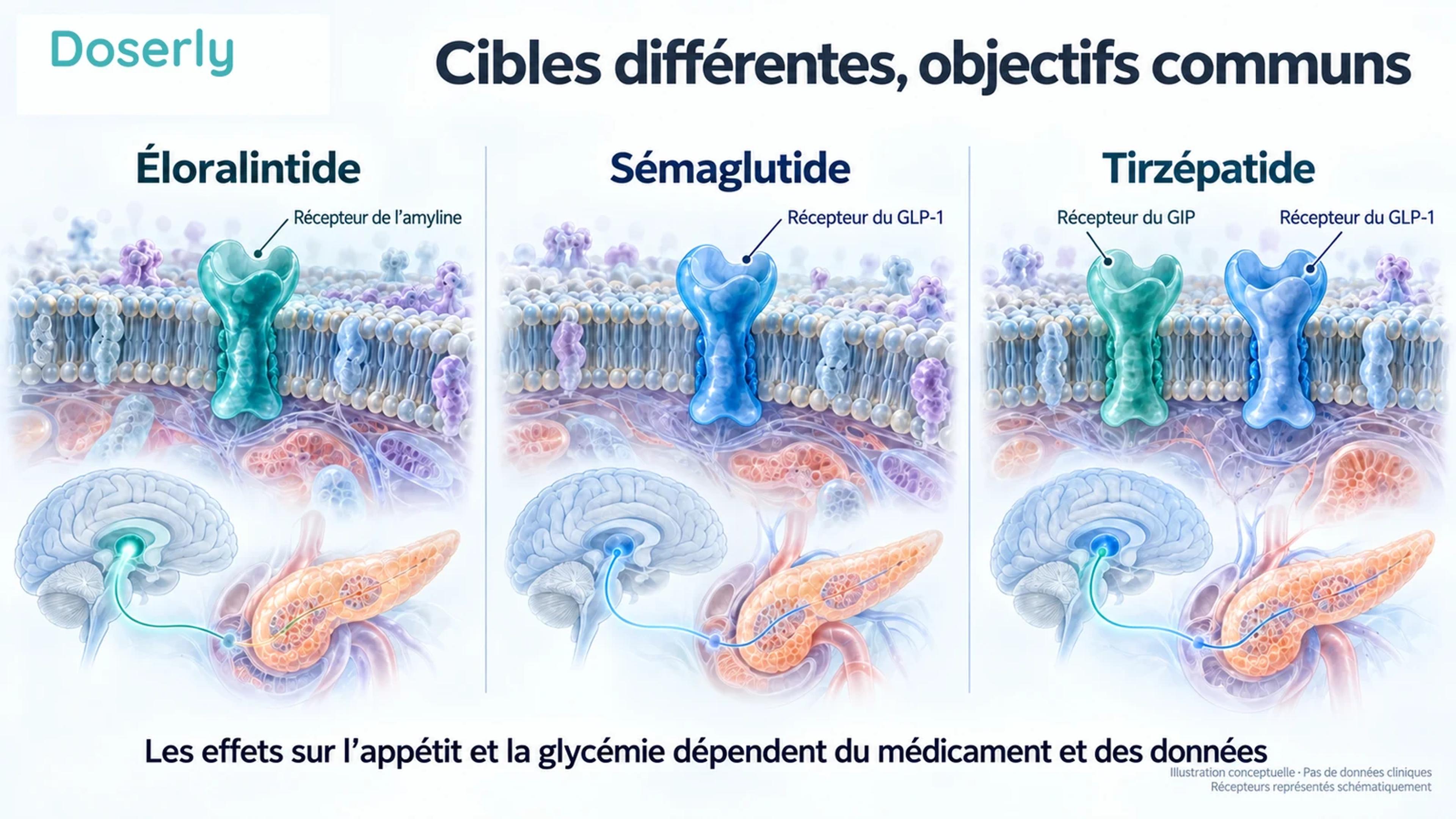 Trois schémas de membranes cellulaires comparent la cible amyline de l’éloralintide, la cible GLP-1 du sémaglutide et les cibles GIP et GLP-1 du tirzépatide.