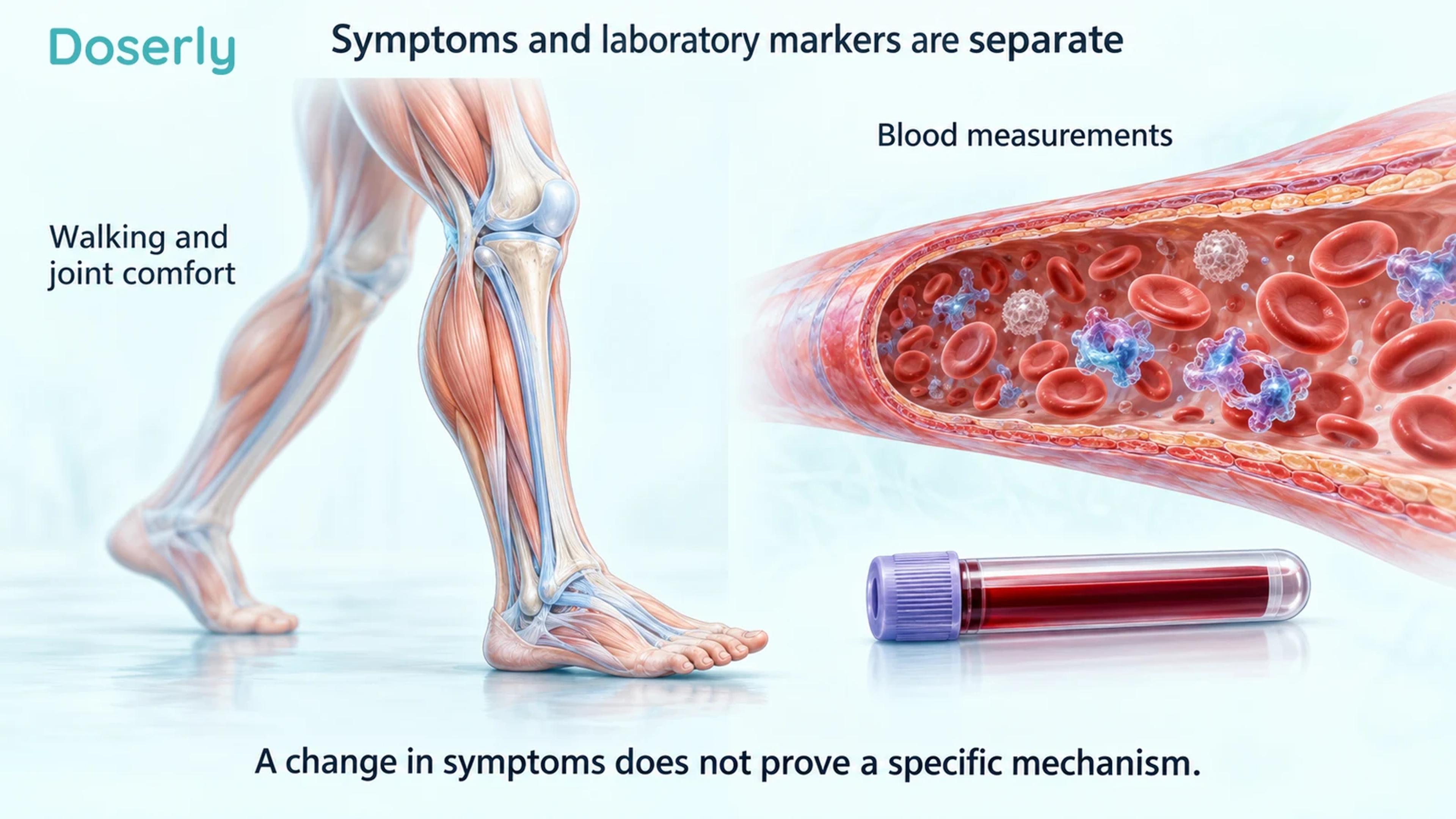 An illustrated knee and lower leg in a walking stride are paired with a blood-vessel cutaway and sample tube.