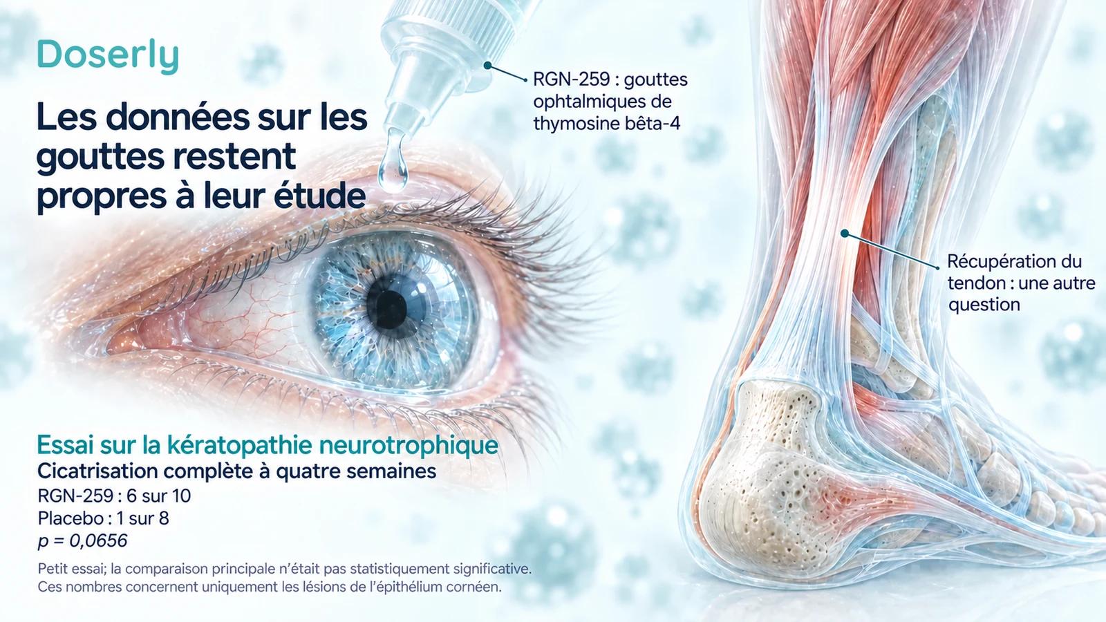 Gouttes ophtalmiques de thymosine bêta-4 à côté d’une illustration anatomique distincte du tendon d’Achille, avec les nombres de participants des groupes traitement et placebo du petit essai cornéen.