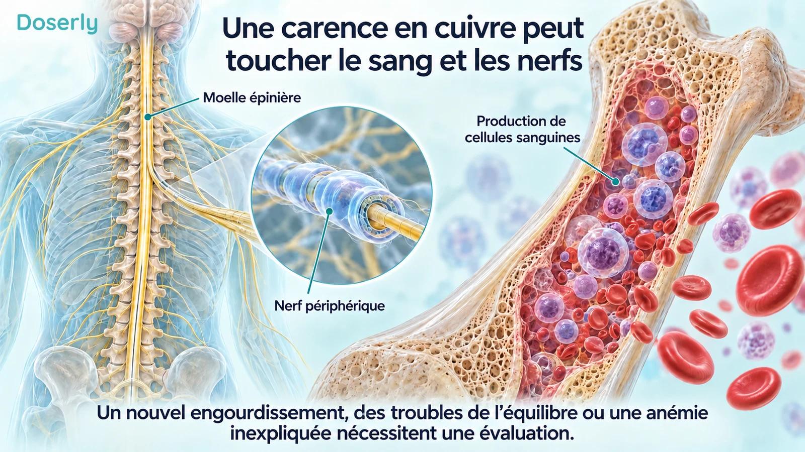 Moelle épinière, nerf périphérique et moelle osseuse illustrant les tissus touchés par une carence en cuivre.