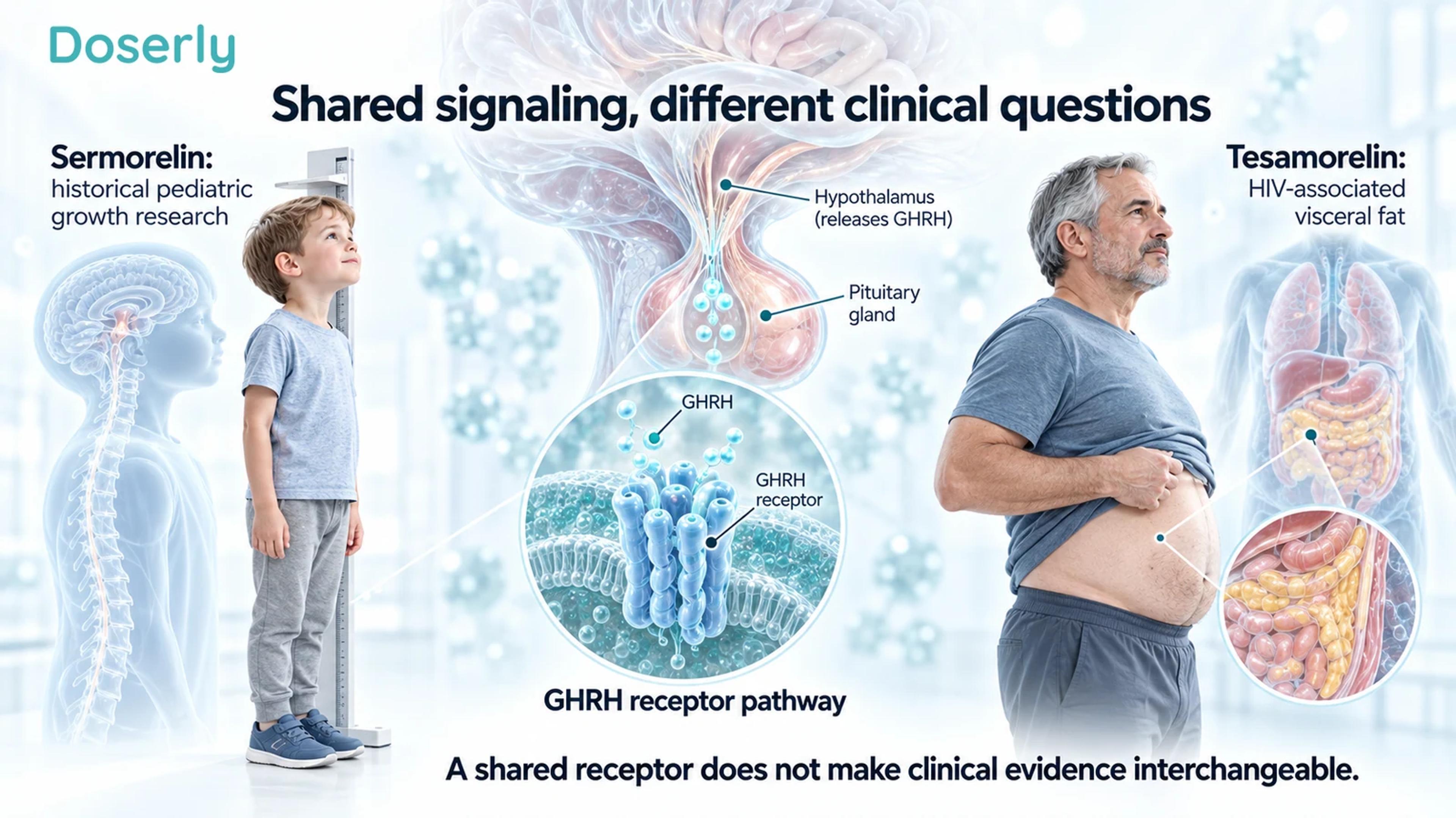 Illustrated comparison linking historical pediatric sermorelin research and tesamorelin research in adults with HIV to a shared pituitary signaling pathway.