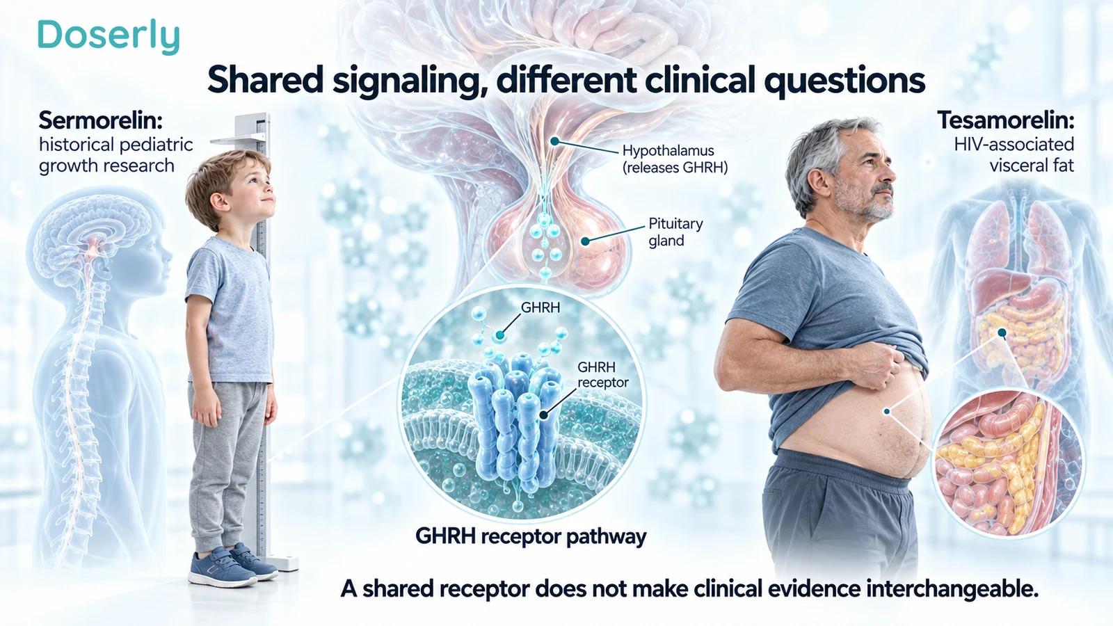 Illustrated comparison linking historical pediatric sermorelin research and tesamorelin research in adults with HIV to a shared pituitary signaling pathway.