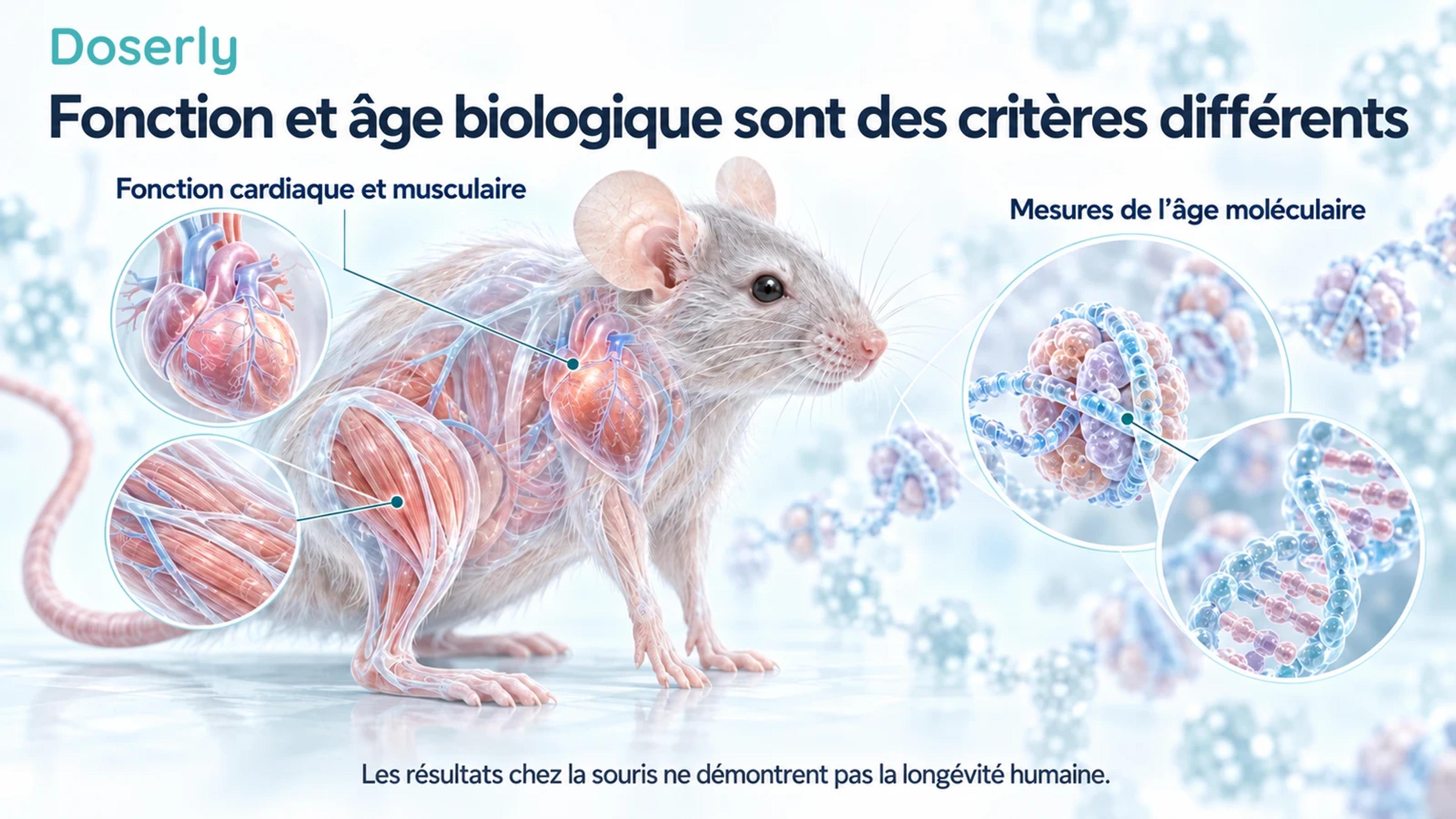 Une souris de laboratoire âgée avec des encadrés conceptuels sur le cœur, les muscles et les mesures moléculaires.