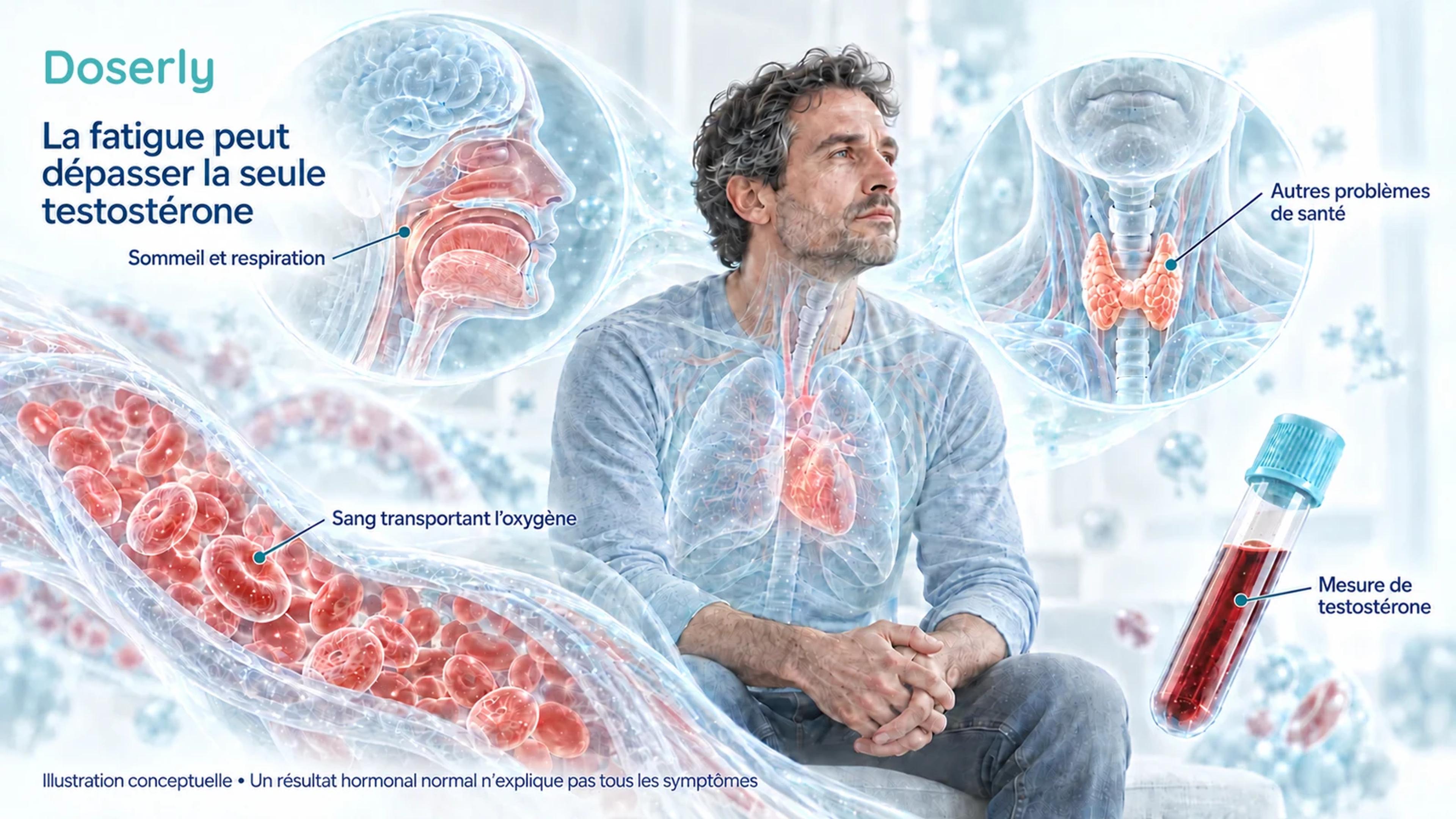Un homme assis, accompagné d’illustrations conceptuelles des voies respiratoires, de la thyroïde et des globules rouges, montrant plusieurs aspects d’une évaluation de la fatigue.