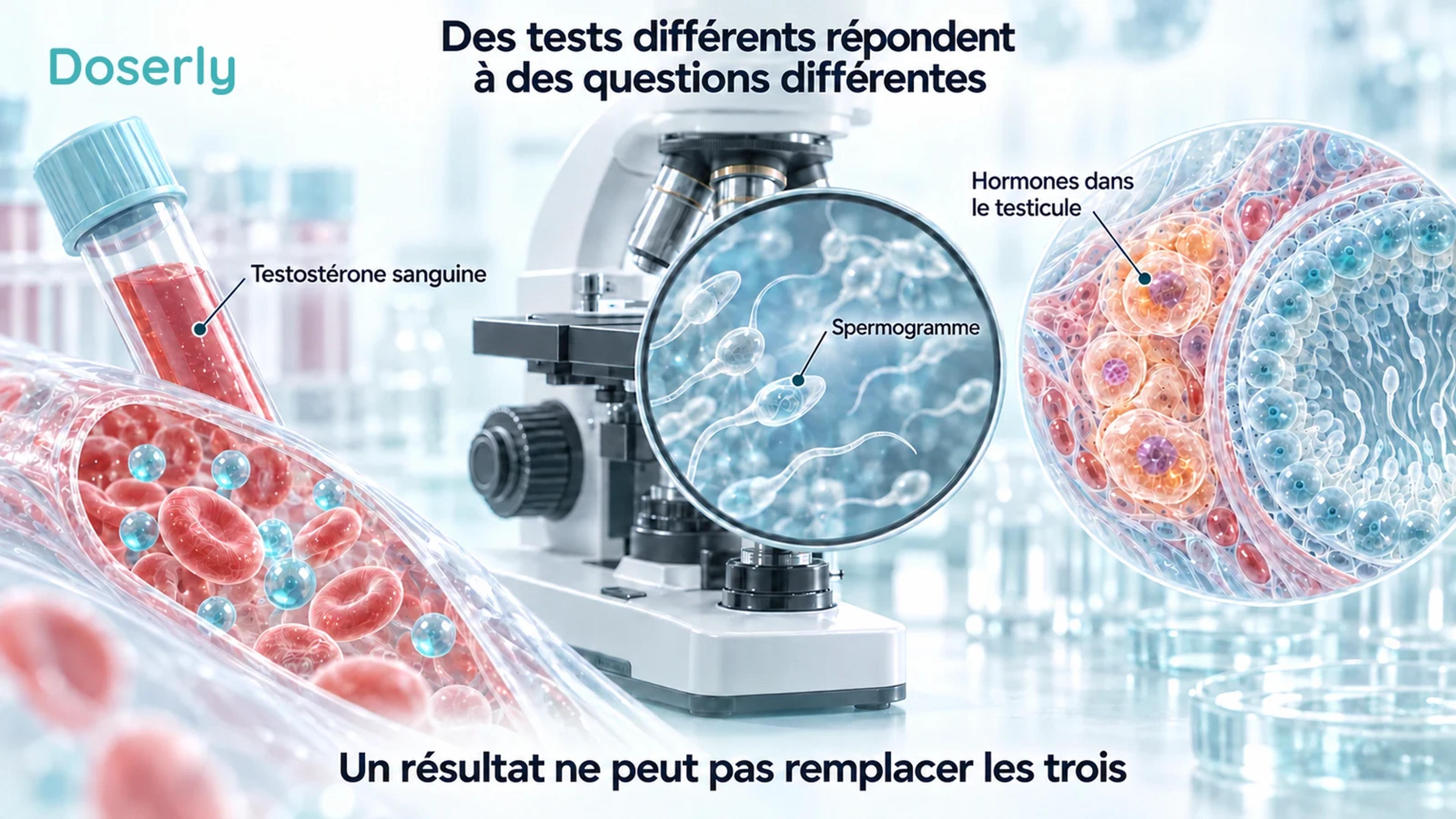 Un prélèvement sanguin, une vue de spermatozoïdes au microscope et du tissu testiculaire présentés comme trois mesures biologiques distinctes.