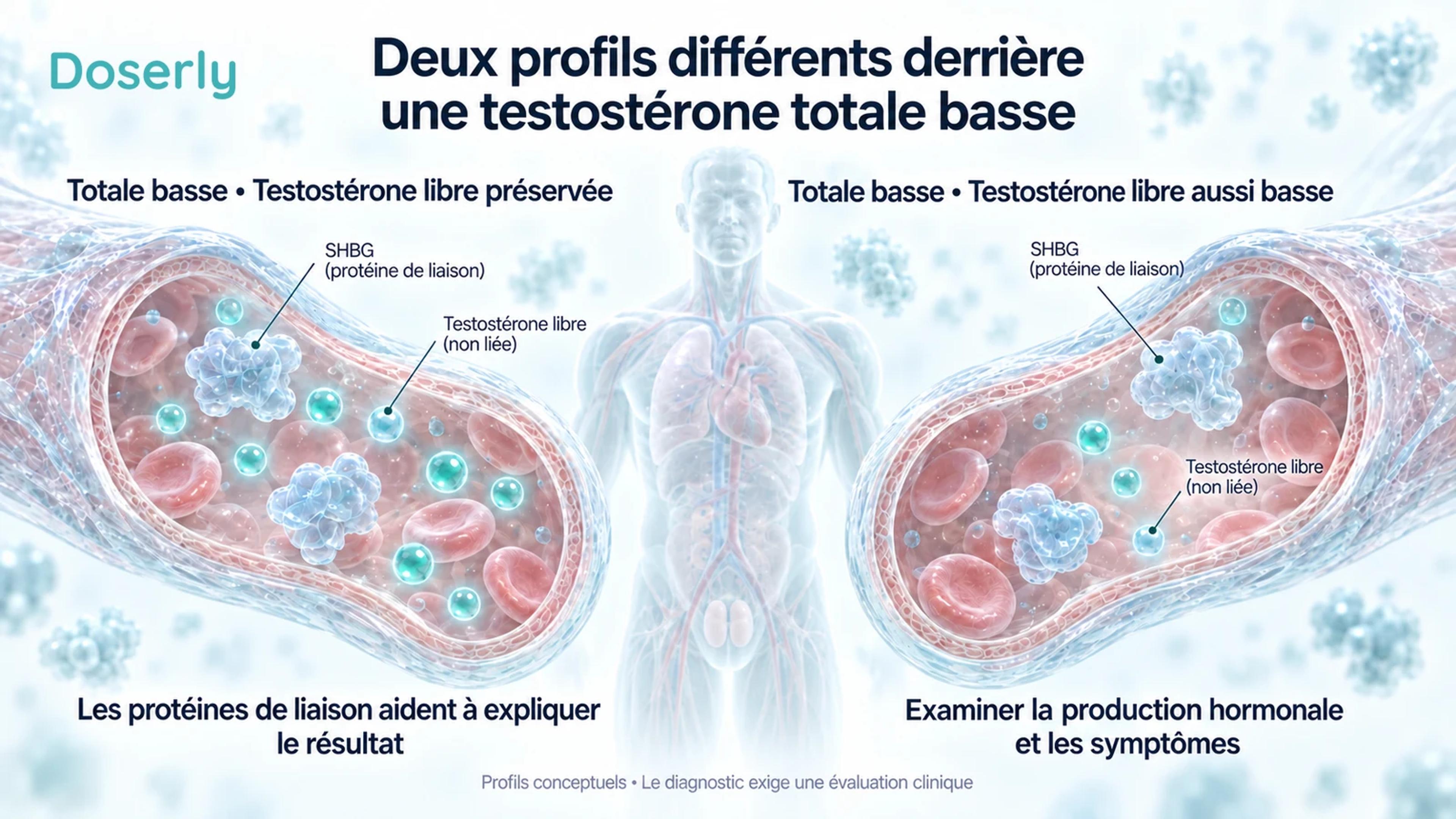 Deux scènes conceptuelles de vaisseaux sanguins comparent une testostérone totale basse avec testostérone libre préservée et une testostérone totale basse avec testostérone libre basse.