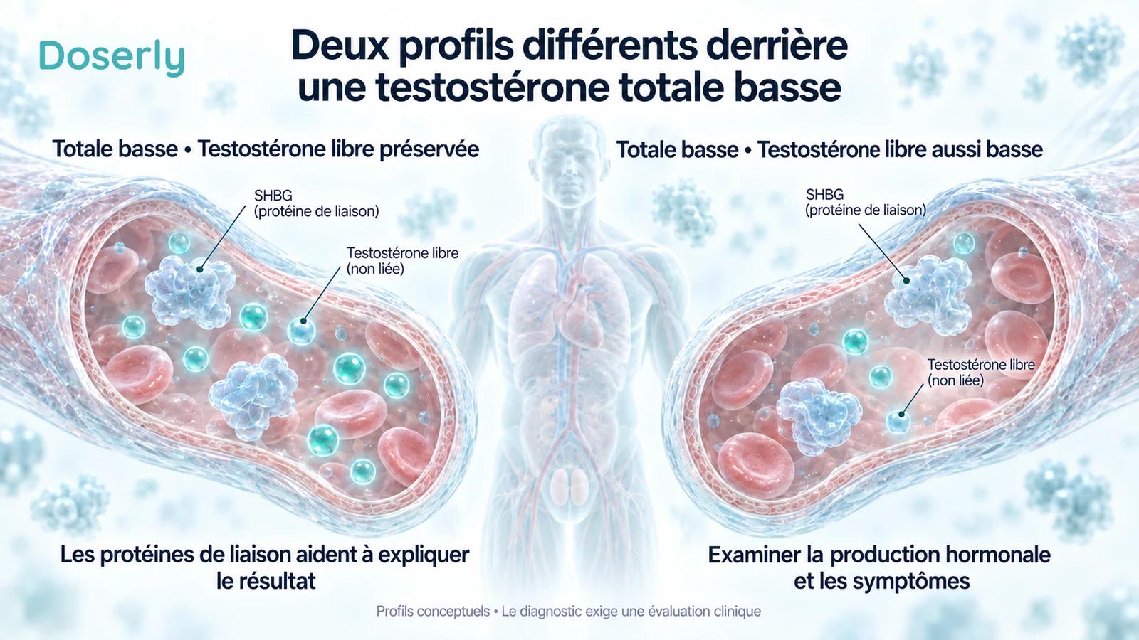Deux scènes conceptuelles de vaisseaux sanguins comparent une testostérone totale basse avec testostérone libre préservée et une testostérone totale basse avec testostérone libre basse.