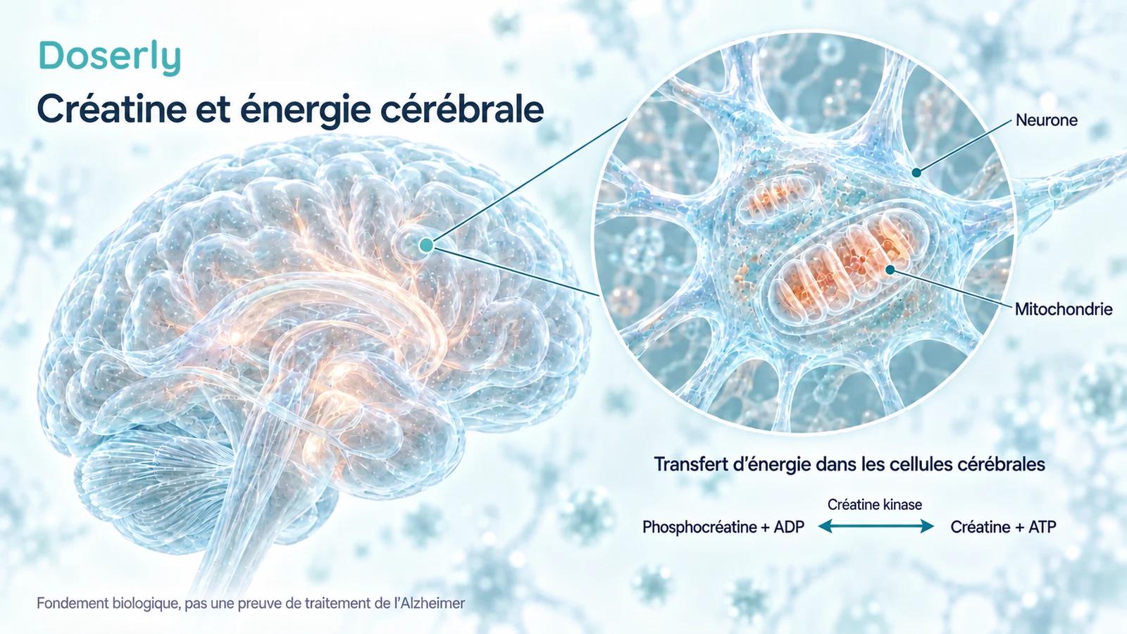 Un cerveau translucide et un neurone agrandi illustrent les mitochondries et la réaction réversible de transfert d’énergie créatine-phosphocréatine.