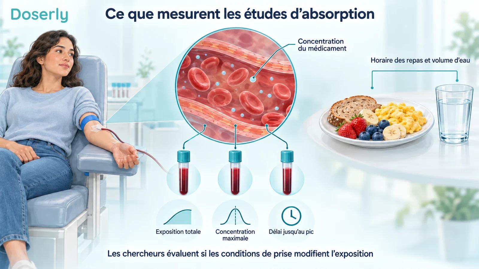 Illustration d’un prélèvement sanguin en clinique à côté d’un vaisseau sanguin agrandi, d’un repas et d’un verre d’eau pour expliquer les mesures d’exposition.
