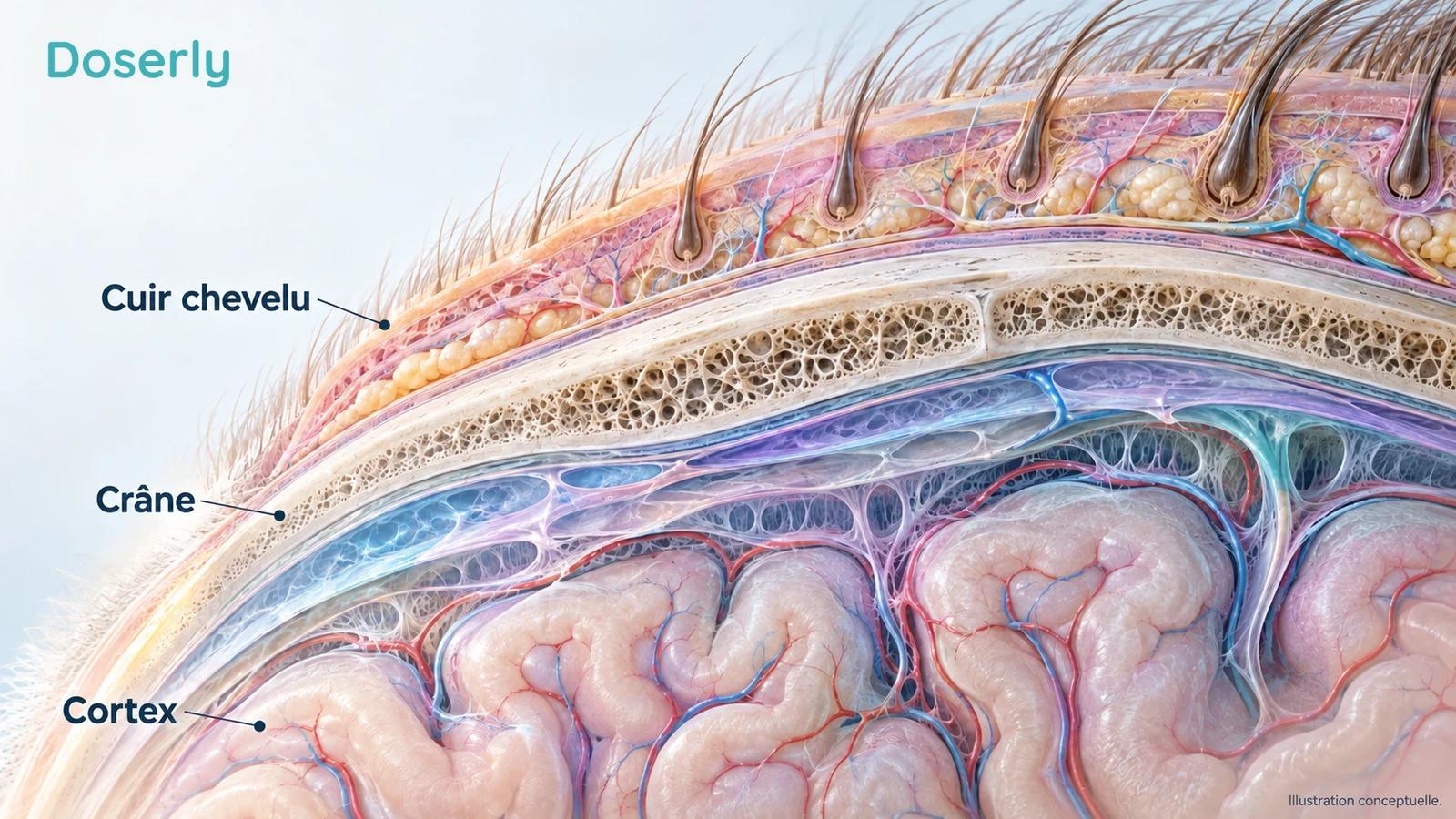 Une vue agrandie du cuir chevelu, du crâne et des couches corticales montre les tissus entre une source lumineuse et les cellules cérébrales.
