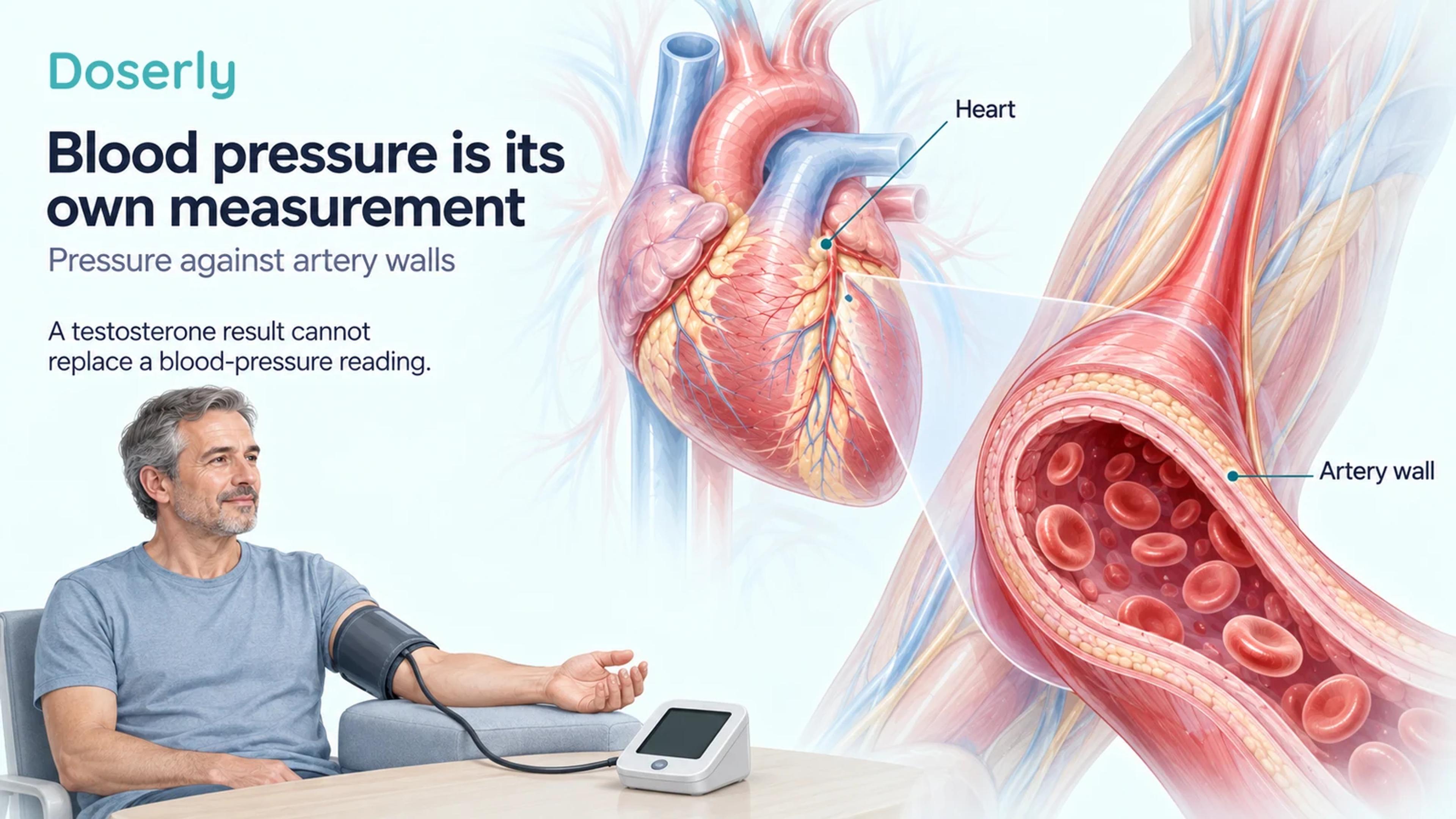 A heart and enlarged artery wall beside an adult having an upper-arm blood-pressure measurement.