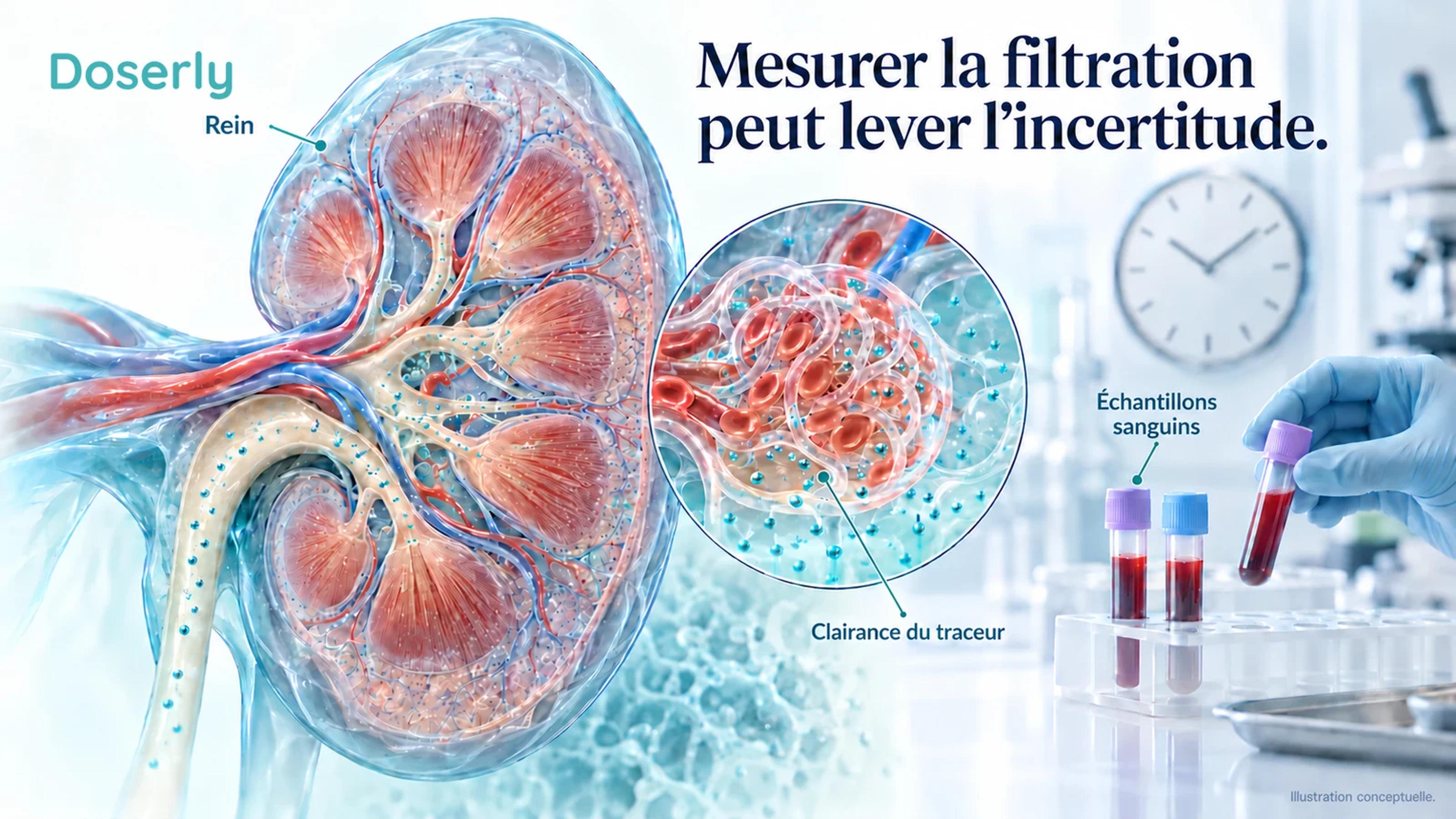 Un rein et une scène de prélèvement sanguin illustrent une évaluation supervisée de la filtration mesurée.