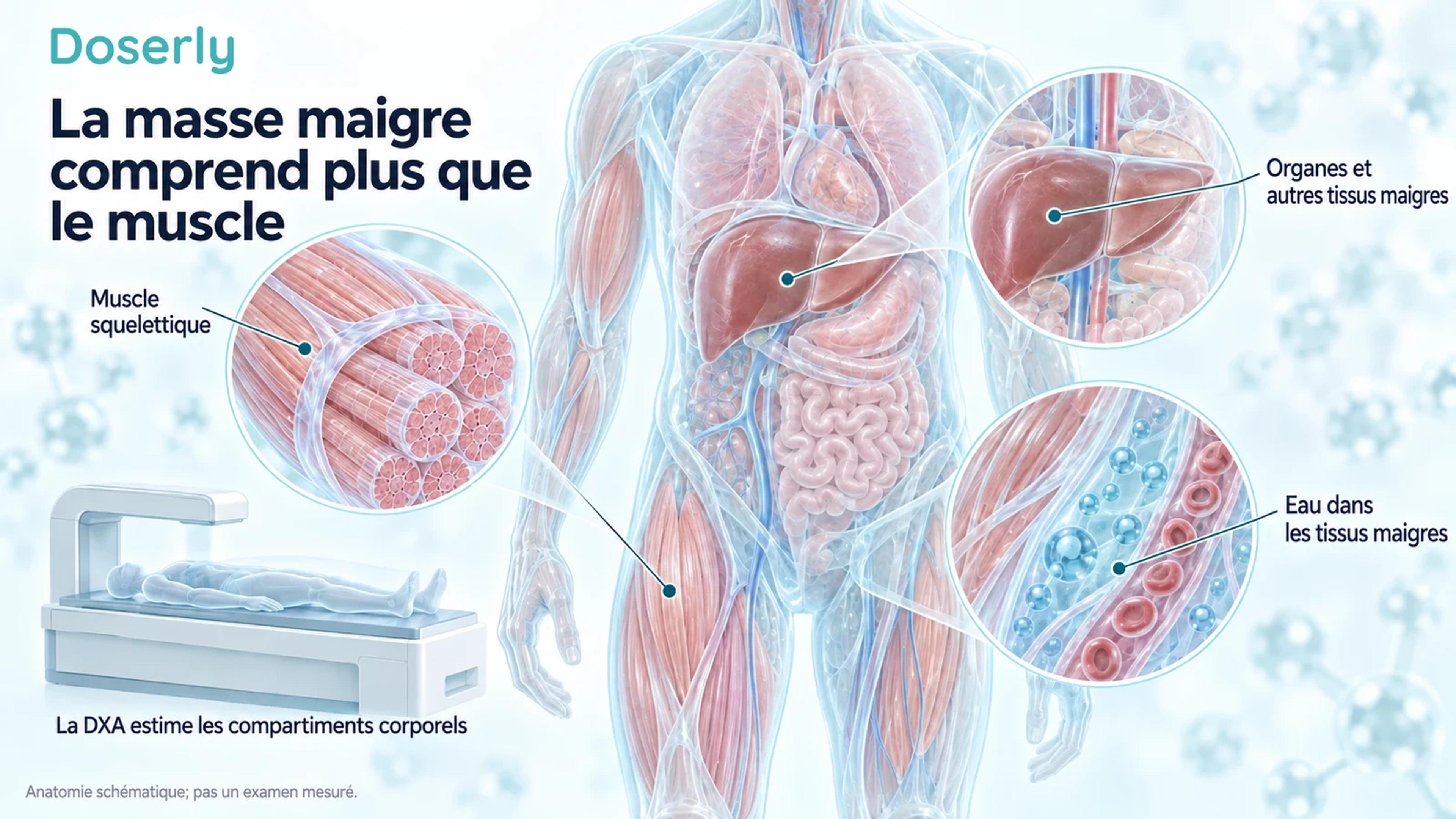 Un torse humain translucide avec des encadrés montrant le muscle squelettique, les organes et l’eau tissulaire, à côté d’un appareil de DXA schématique.