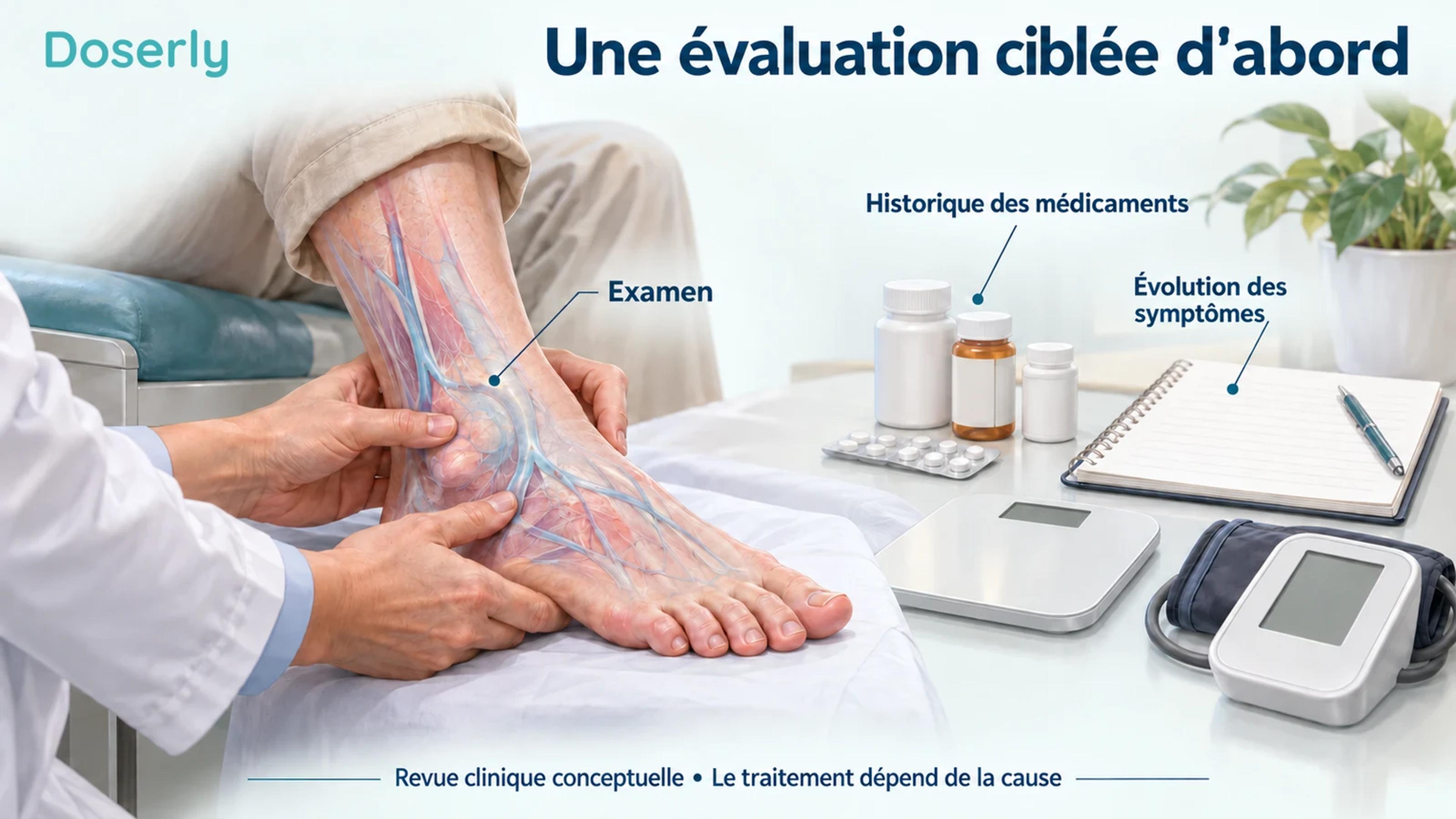 Un clinicien examine une cheville près d’une liste de médicaments, d’un pèse-personne et d’un brassard de pression artérielle.