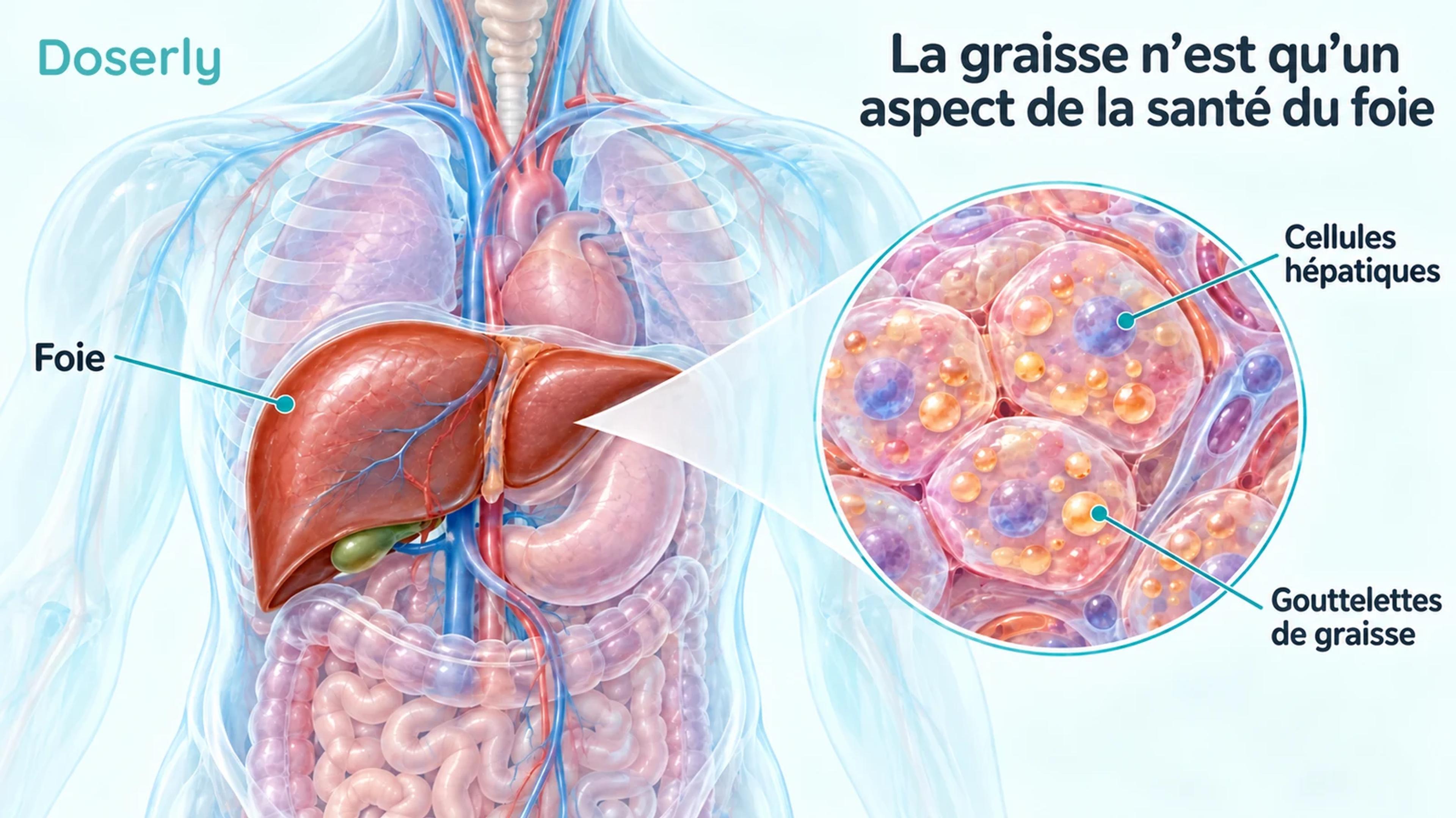 Foie dans un torse translucide, avec agrandissement des cellules hépatiques et des gouttelettes de graisse intracellulaires