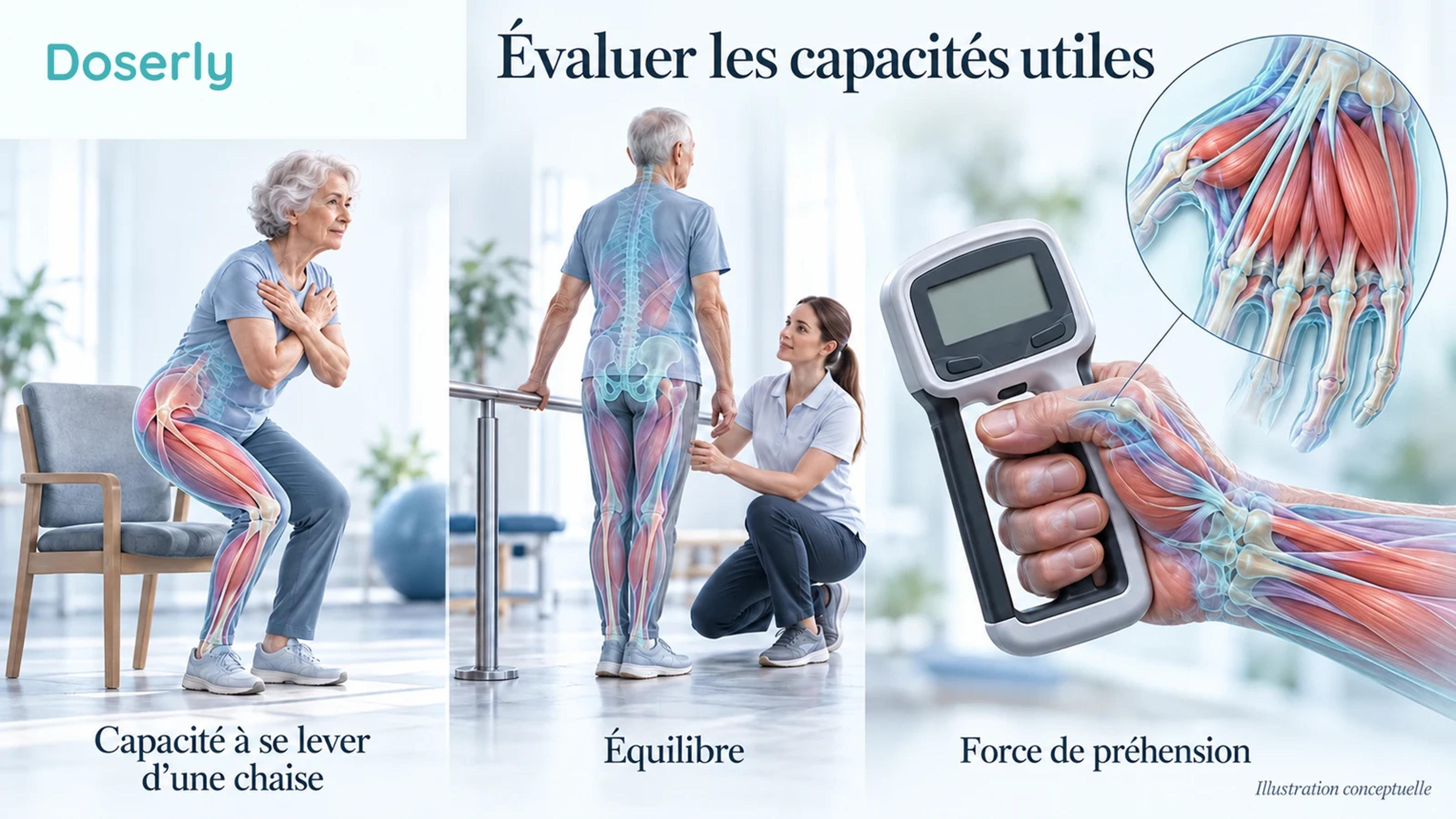 Personne âgée effectuant des évaluations supervisées du lever de chaise et de l’équilibre avec appui, à côté d’un dynamomètre de préhension.