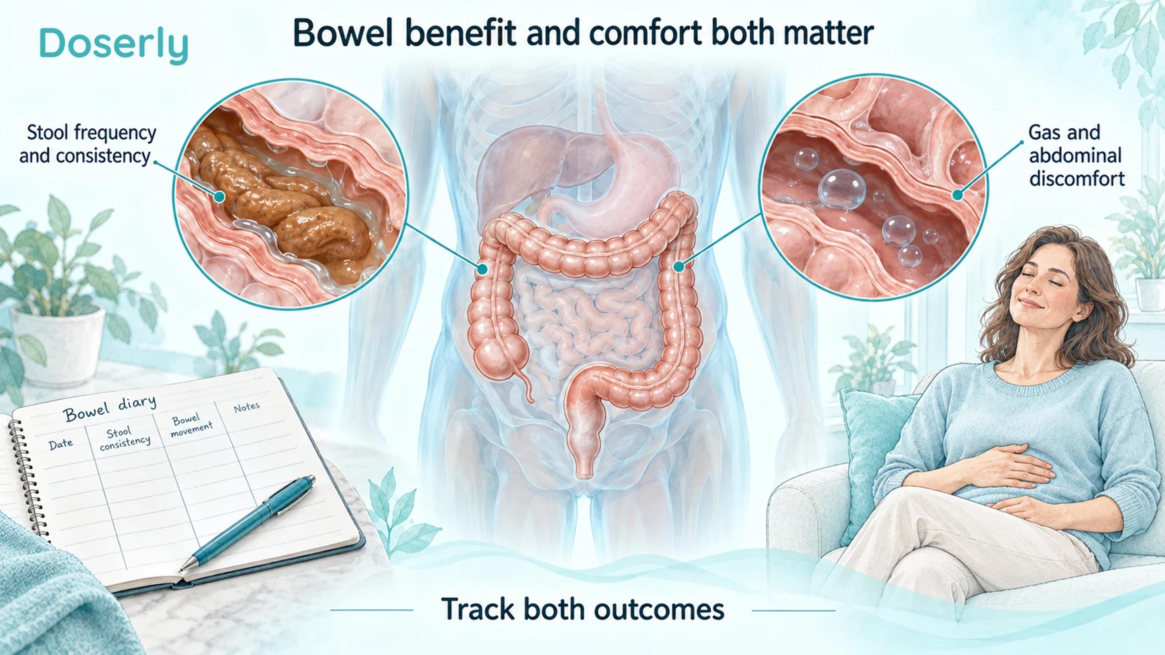 Colon illustration showing stool consistency and frequency on one side and gas and abdominal discomfort on the other.