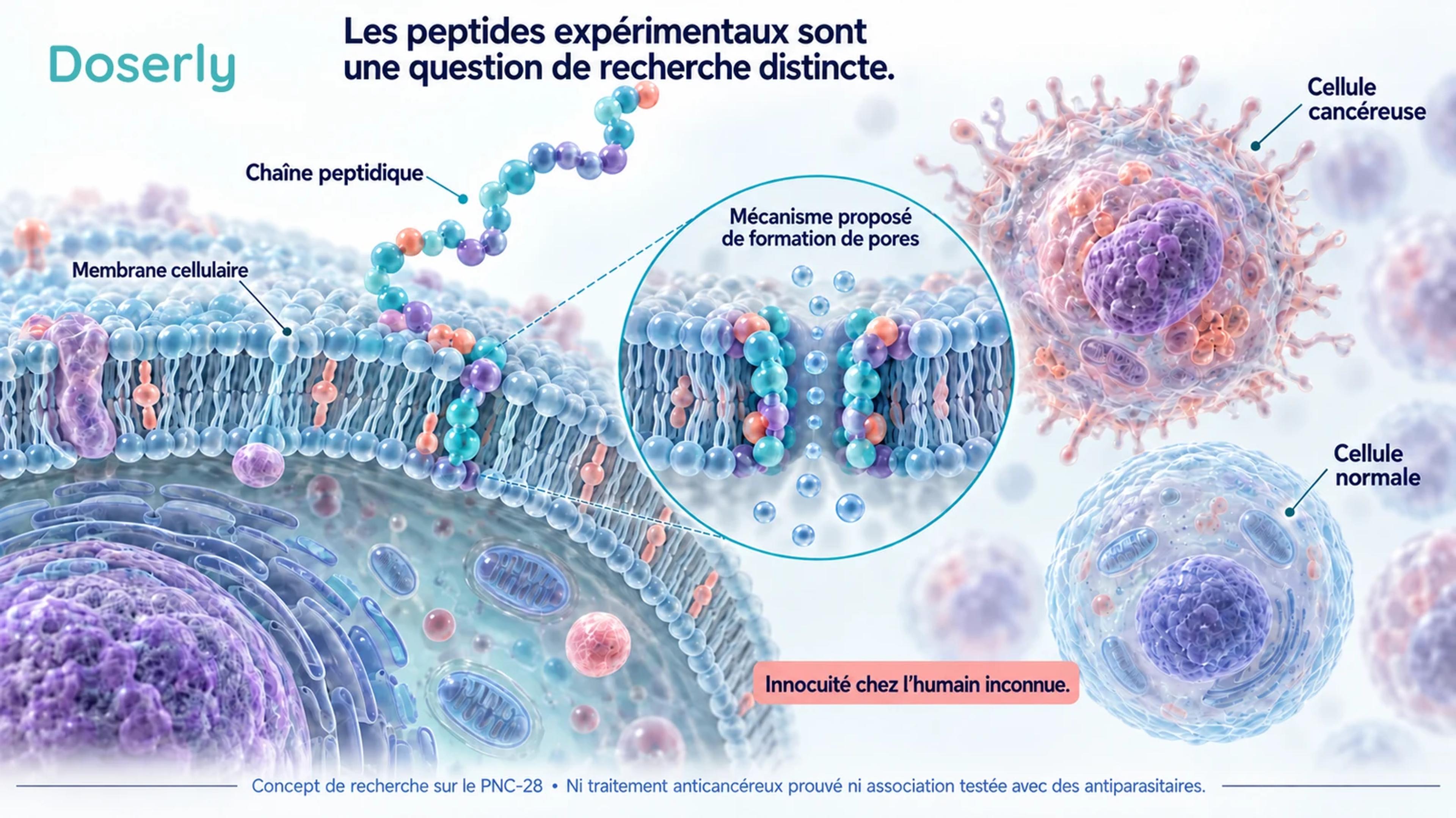 Chaîne peptidique conceptuelle interagissant avec une membrane cellulaire par un mécanisme proposé de formation de pores, avec une mention explicite que l’innocuité chez l’humain est inconnue.