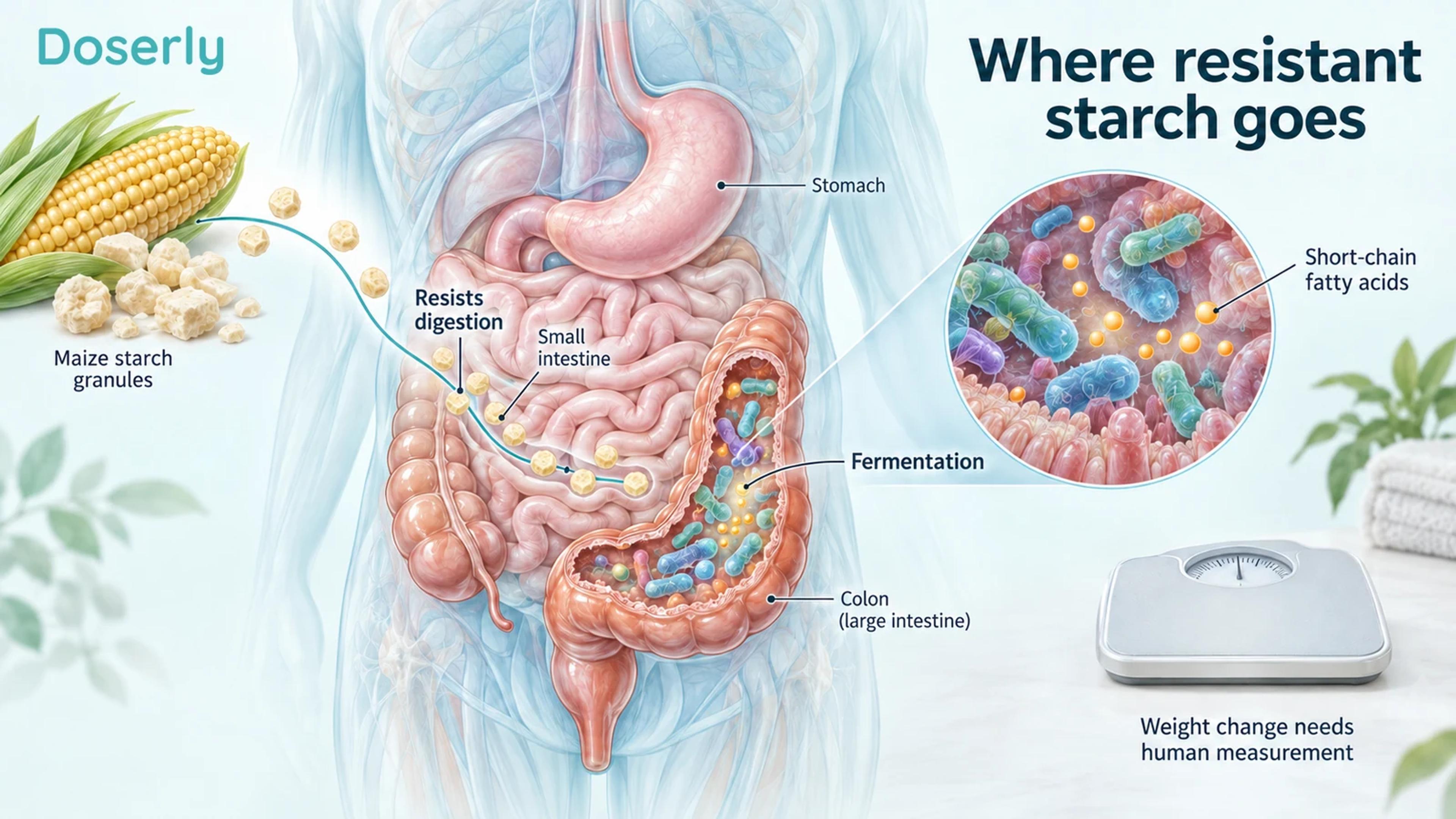 Resistant starch passing through the small intestine to colonic fermentation, with a separate scale representing measured weight outcomes.