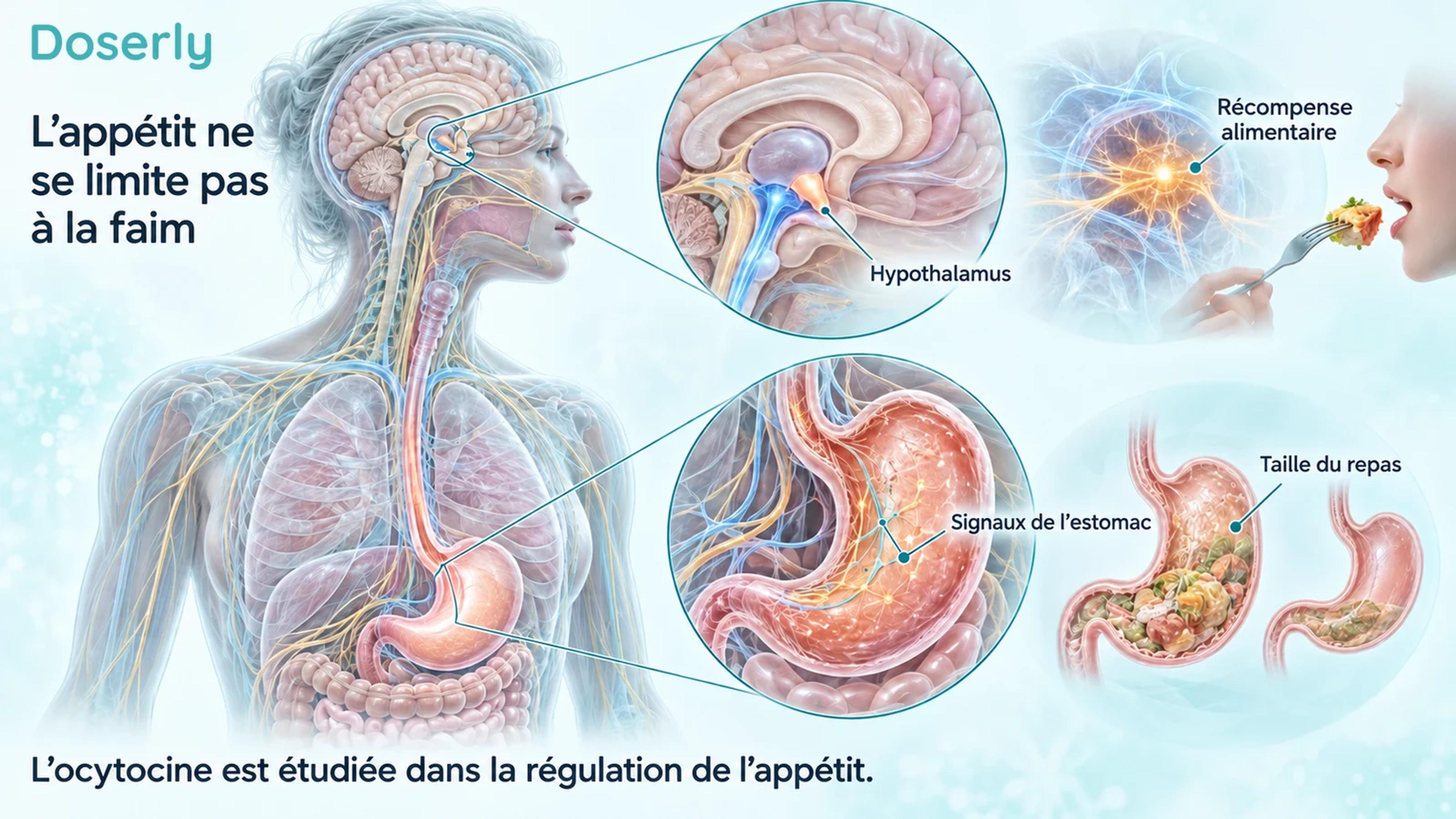 Anatomie du cerveau et de l’estomac montrant l’hypothalamus et les signaux liés à l’appétit.