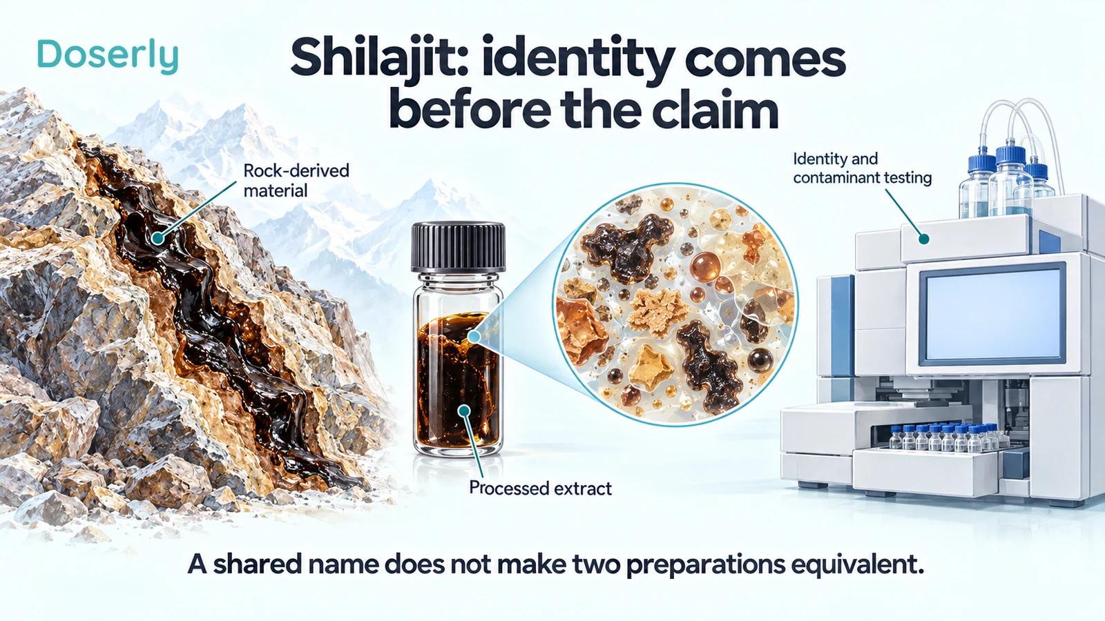 Illustrated rock-derived resin, processed extract sample and laboratory equipment explaining product identity and testing.