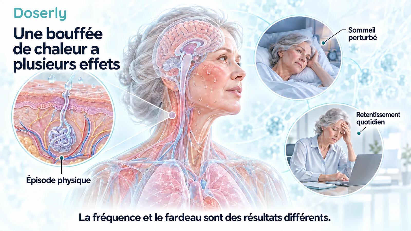 Anatomie translucide du cerveau et du haut du corps d’une femme, avec un encadré sur une glande sudoripare, une scène d’activité diurne et une femme éveillée la nuit.