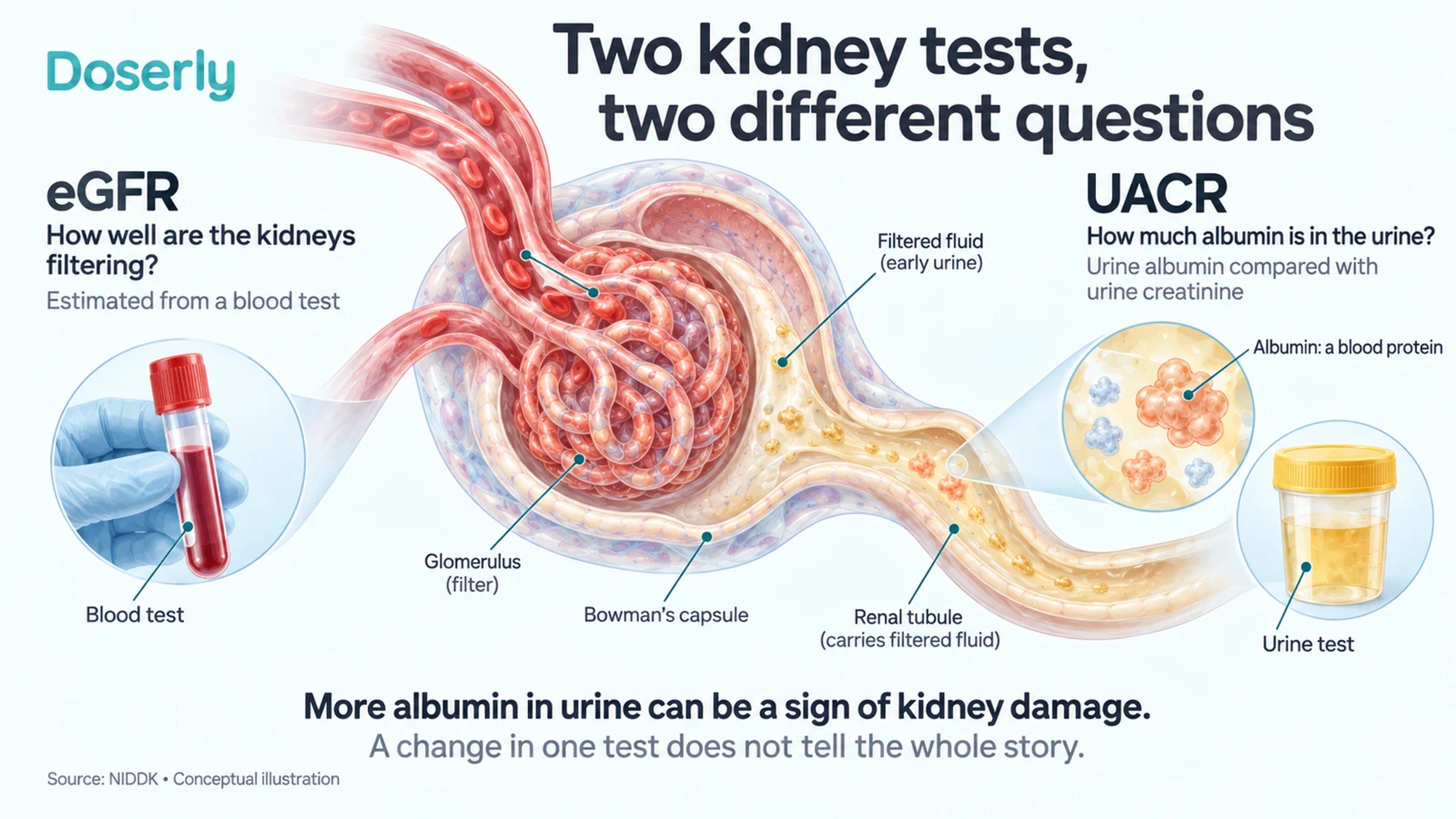 Detailed kidney-filter illustration comparing eGFR, a blood-based estimate of filtration, with UACR, a urine measurement of albumin relative to creatinine.