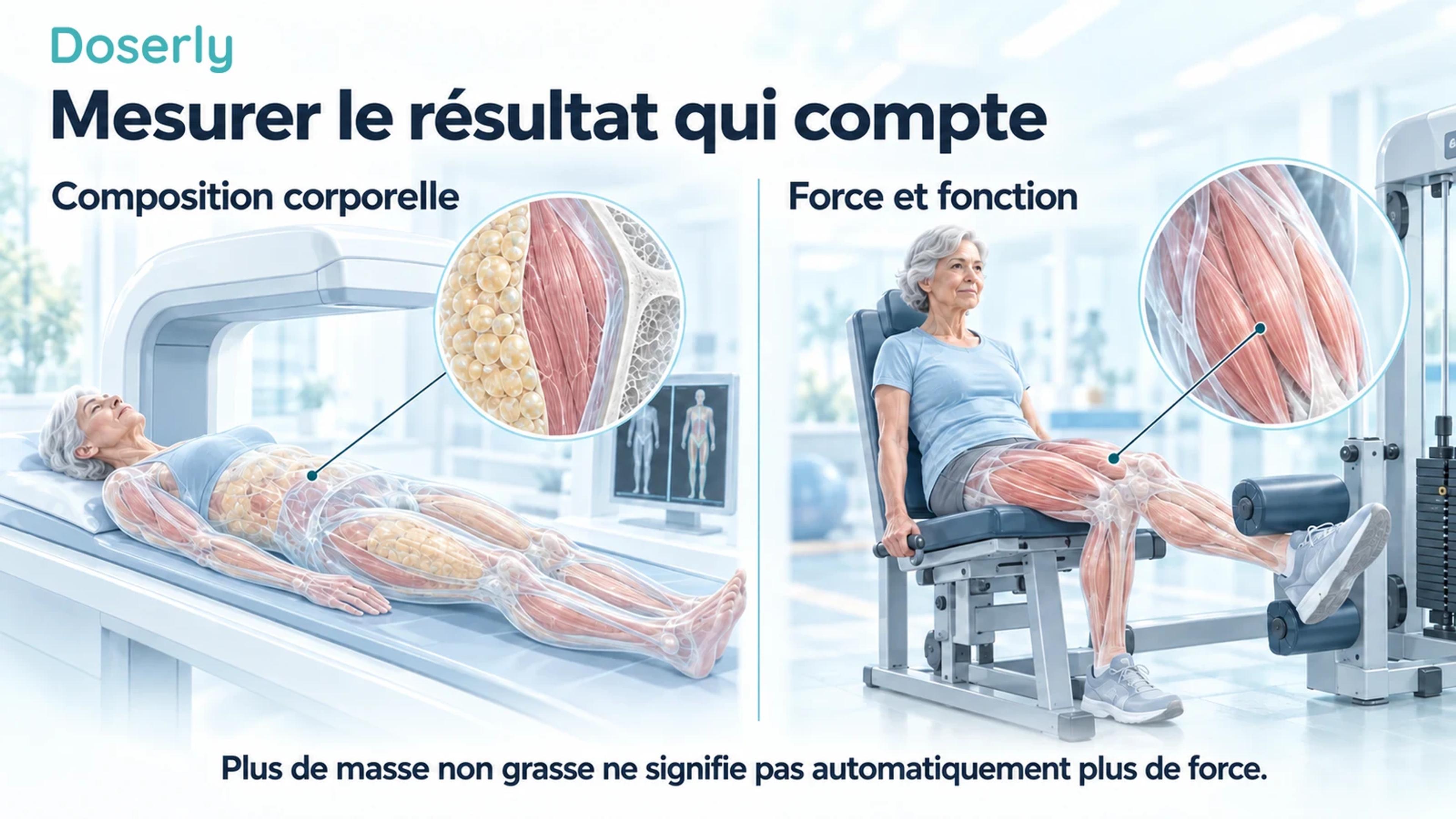 Examen d’imagerie de la composition corporelle et évaluation de la force des jambes en position assise, présentés comme deux mesures cliniques distinctes.
