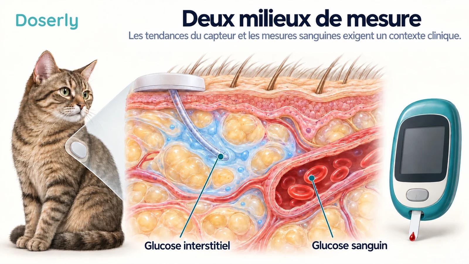 Coupe conceptuelle de la peau d’un chat montrant l’extrémité d’un capteur dans le tissu interstitiel, à côté d’un vaisseau sanguin distinct.