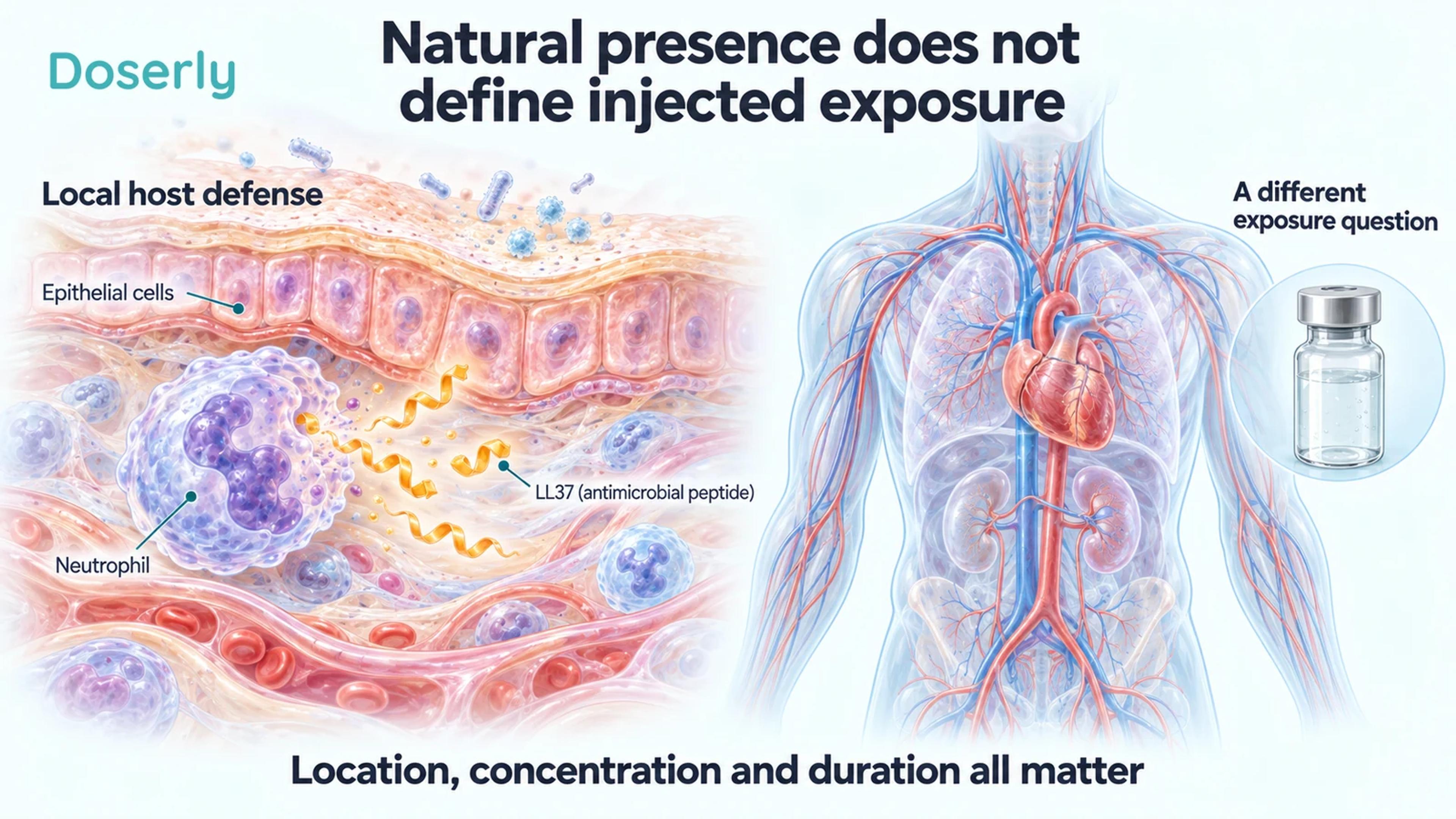 Local peptide release in skin is contrasted with a translucent body and medicine vial representing a different exposure question.