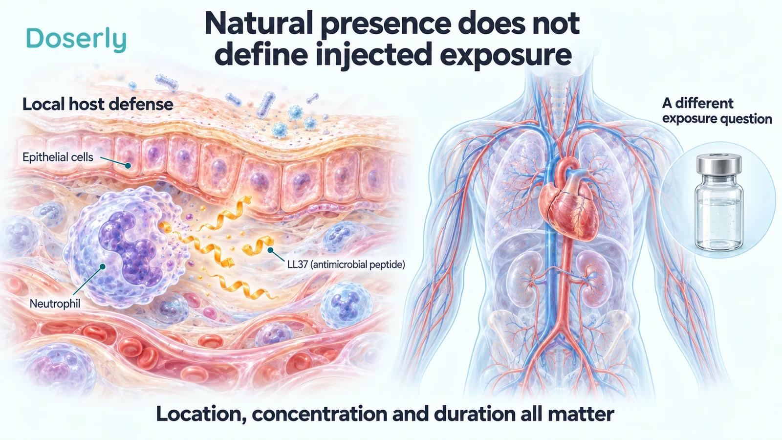 Local peptide release in skin is contrasted with a translucent body and medicine vial representing a different exposure question.