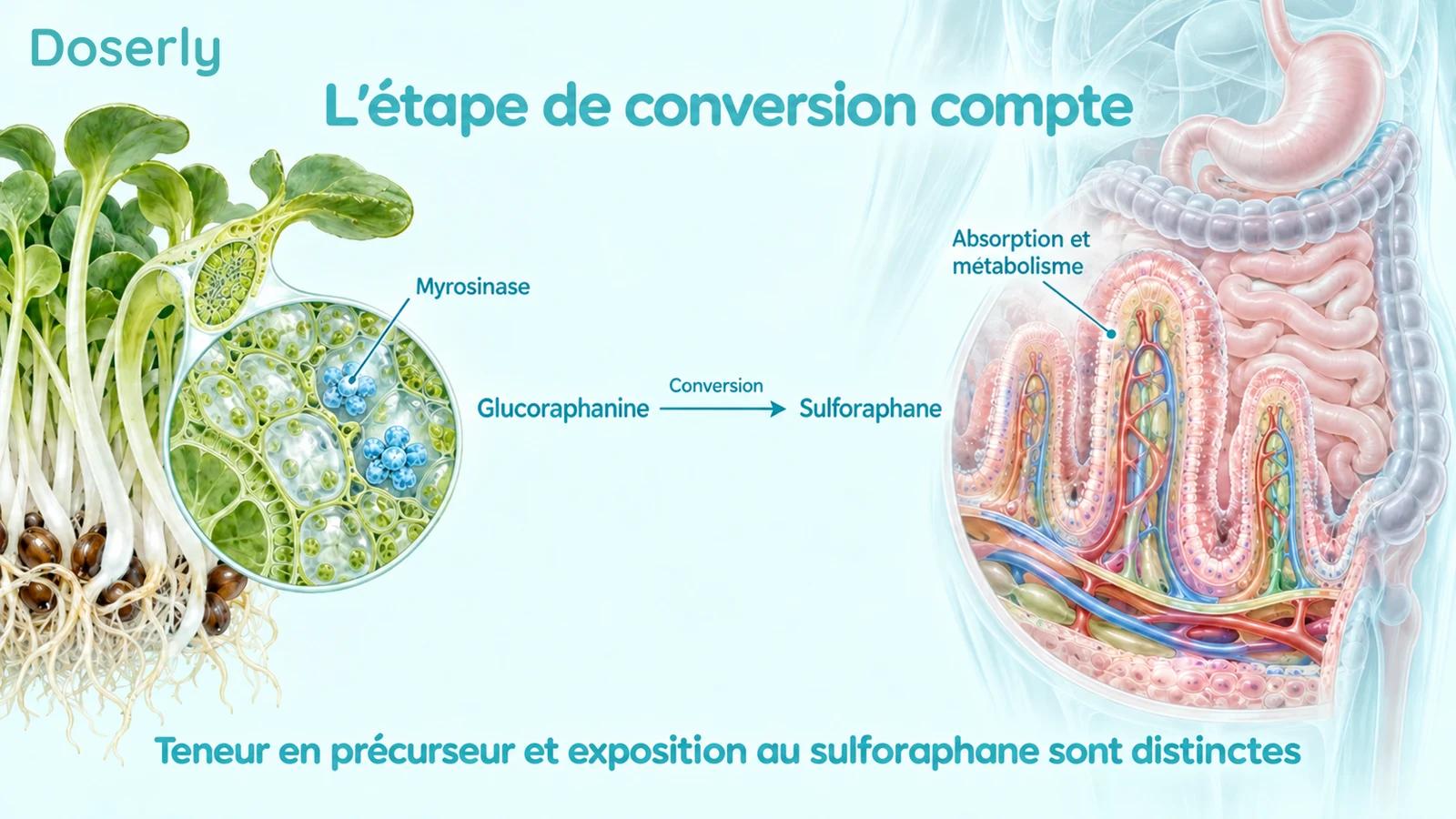 Des tissus de pousses de brocoli, une représentation conceptuelle de l’enzyme myrosinase et des villosités intestinales illustrent la conversion de la glucoraphanine en sulforaphane avant l’absorption et le métabolisme.