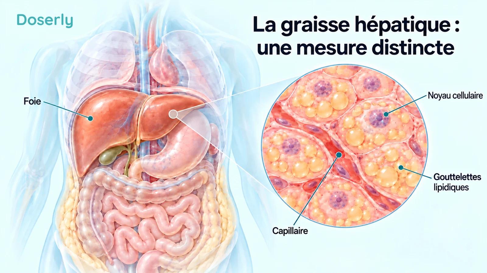 Foie translucide et hépatocytes agrandis montrant des gouttelettes lipidiques à l’intérieur des cellules du foie