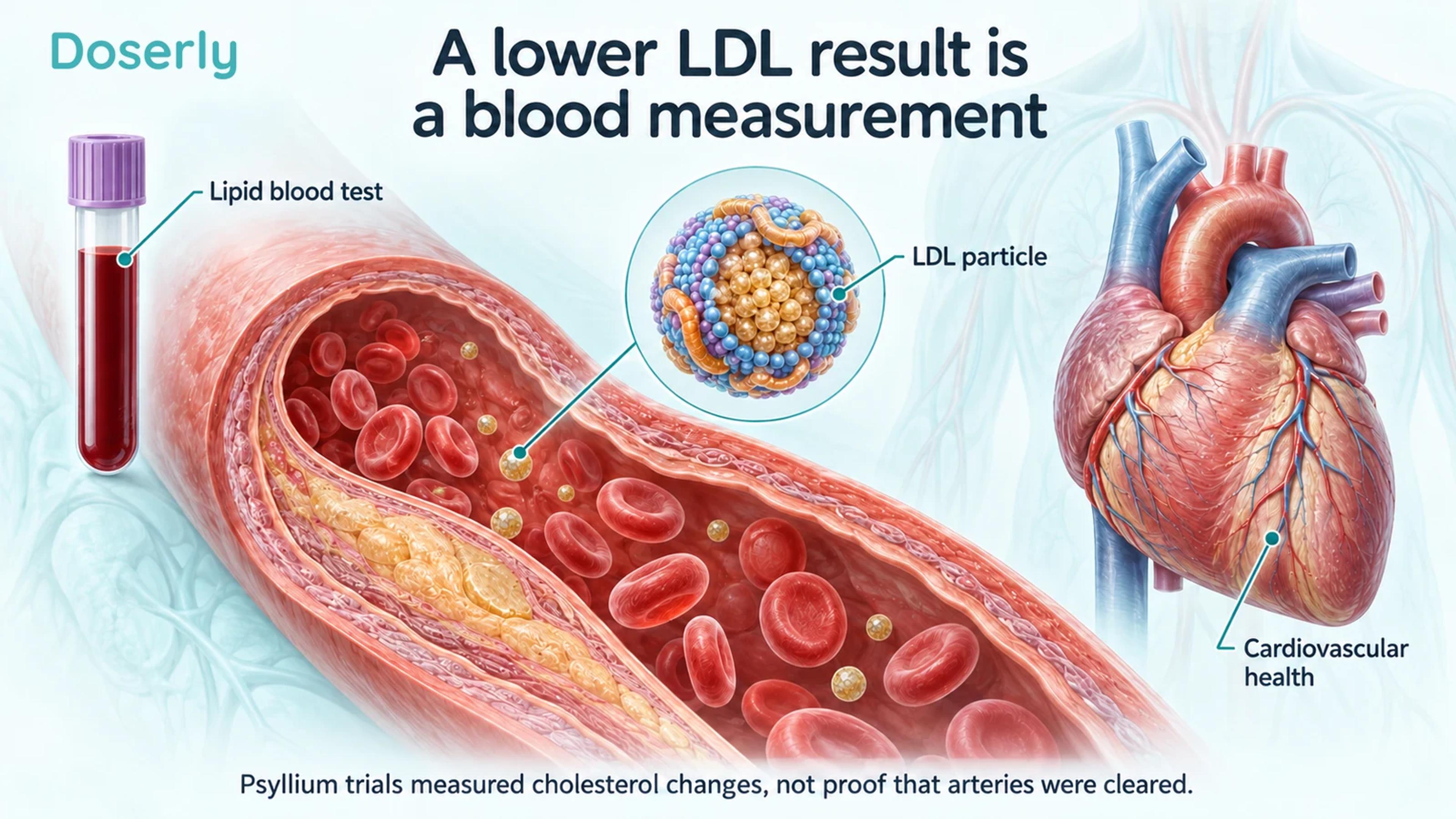 A lipid blood sample, conceptual LDL particle and heart distinguish a laboratory measurement from a clinical outcome.